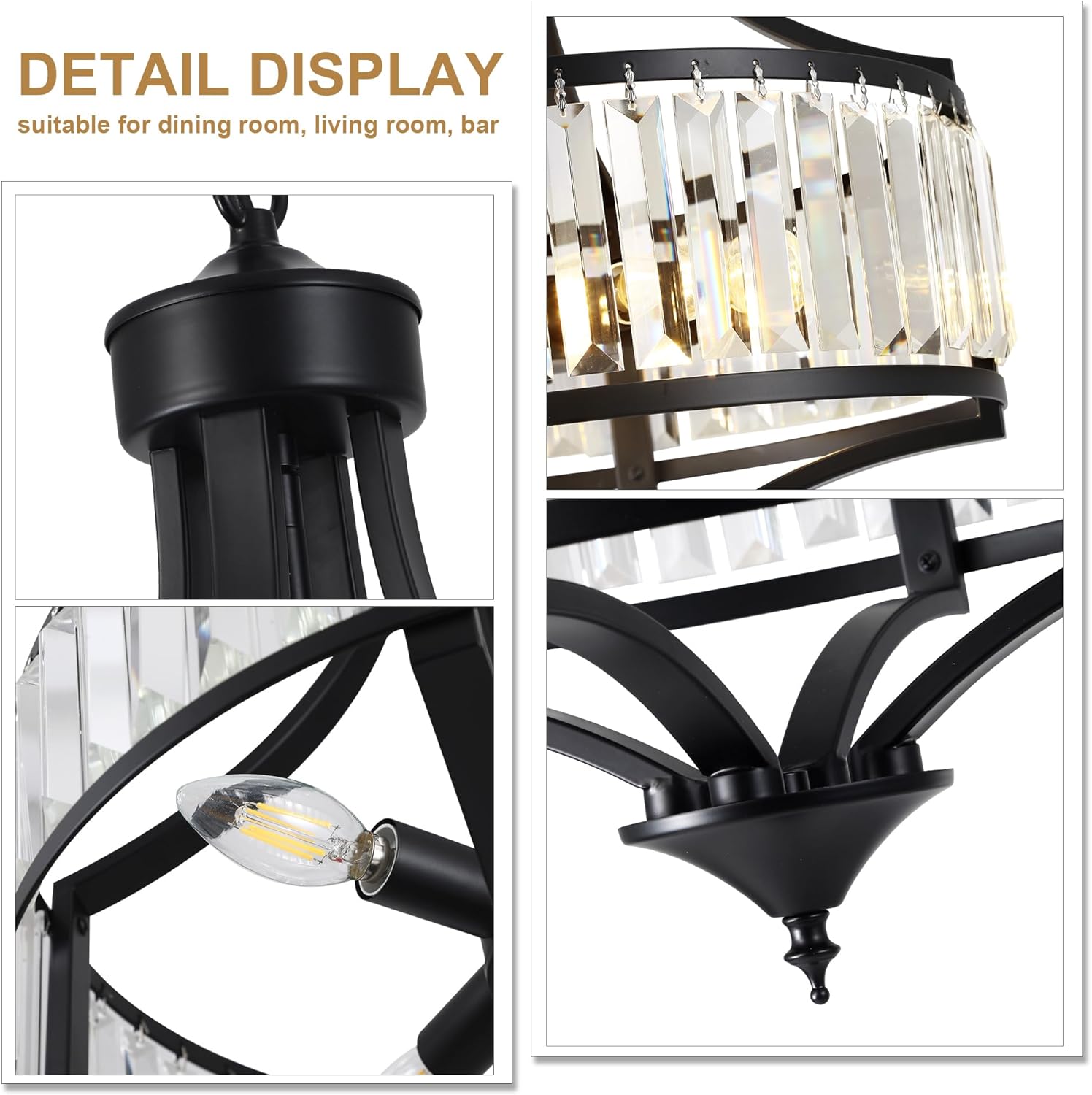 CNRATYE 16" Modern Black Crystal Chandelier, 4-Light Farmhouse Dining Room Light Fixtures Over Table Hanging, Antique Round Pendant Lights Kitchen Island Entryway Bedroom Office Stairwell Hallway