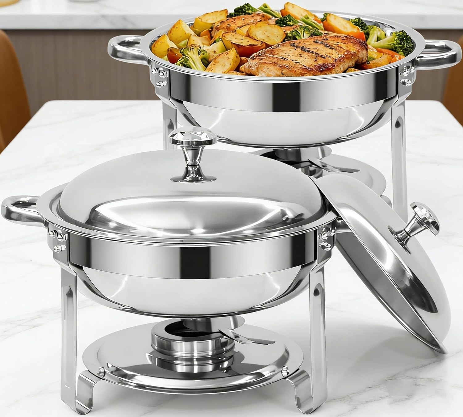 Chauffe Plat Buffet Rond 2PCs 6L, Buffet Chauffant Rond en Ino
