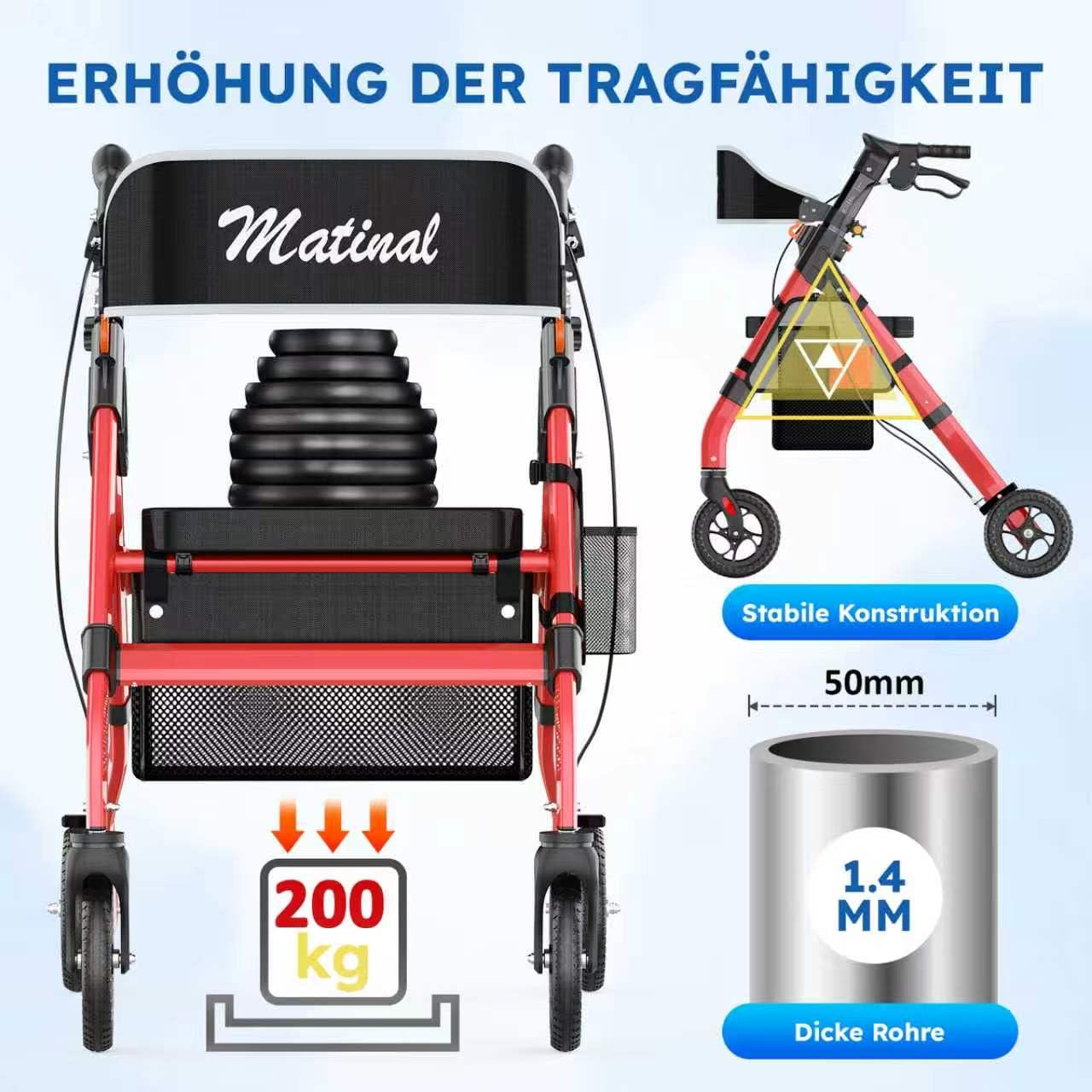 Faltbarer Rollator für Senioren Outdoor, Tragkraft bis 200kg, Rot | 20cm Gummireifen für jedes Gelände, Rollator für den Außenbereich aus Aluminiumlegierung mit breitem, höhenverstellbarem Sitz