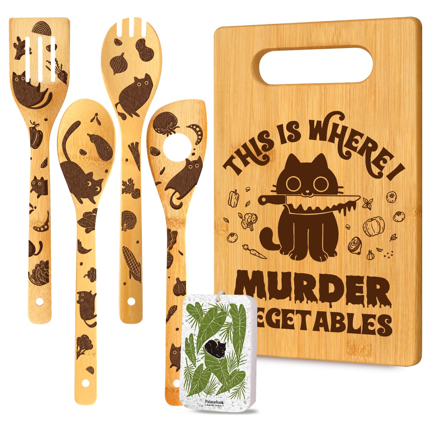 6Pcs Funny Black Cat Gifts Set Cutting Board with Spoons & Cleaning Sponge | Gifts Box, Farmhouse Halloween Home Kitchen Decor, Christmas Birthday Housewarming Gifts for Women Cat mom Friends