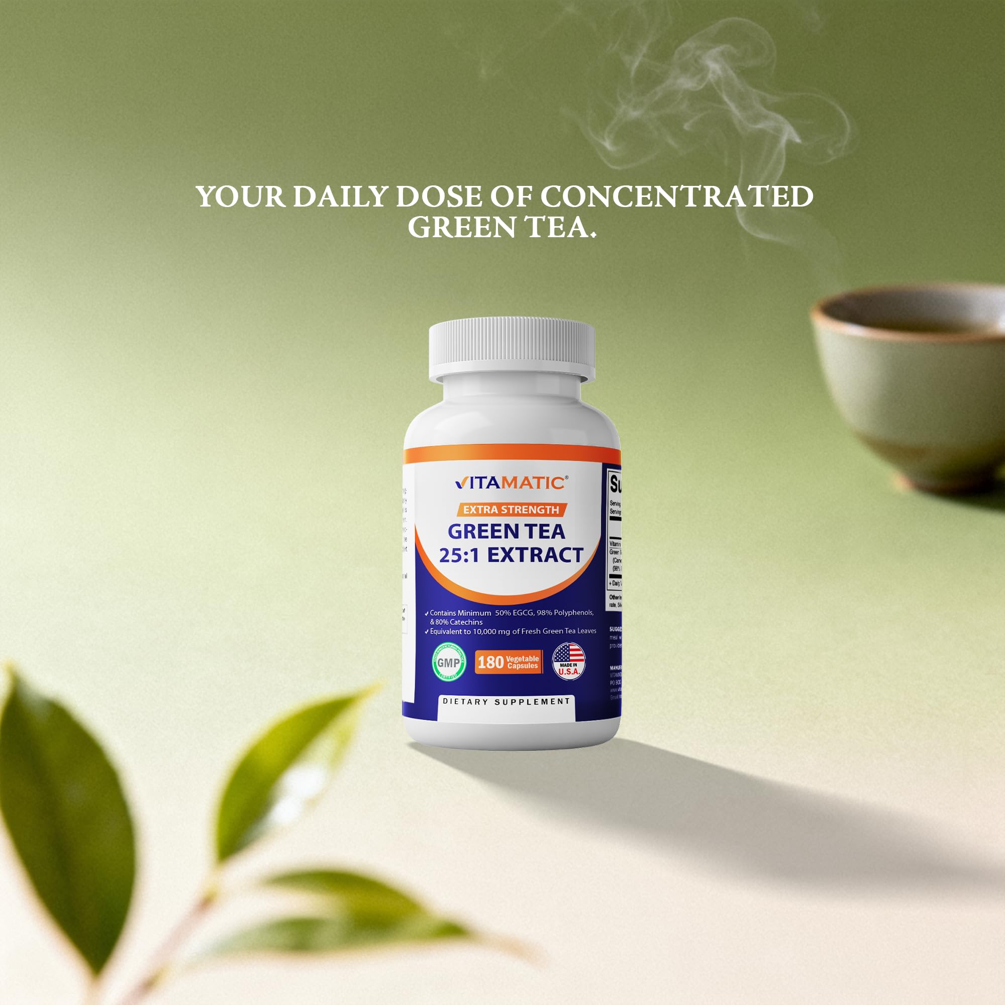 Vitamatic Green Tea Extract with Vitamin C, 25X Concentrate, 98% Polyphenols, 80% Catechins, 50% EGCG, 180 Veg Capsules — Amazon image 4