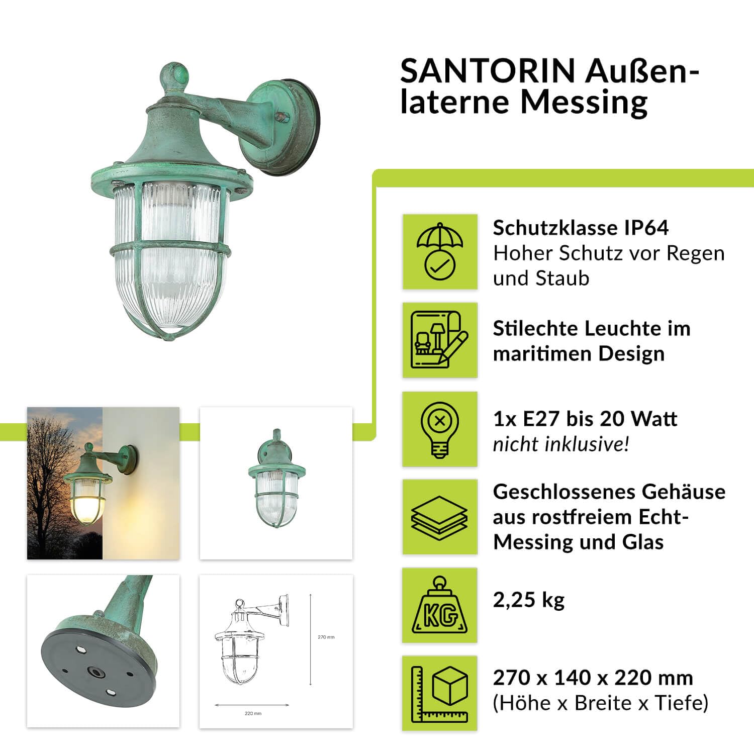 Licht-Erlebnisse Außenlampe Messing, Wandleuchte Außen E27, Maritim Lampe Antik Grün, Riffelglas, T:22 cm, IP64, Laterne, Terrasse, Balkon, Rustikal, Outdoor Wandleuchte