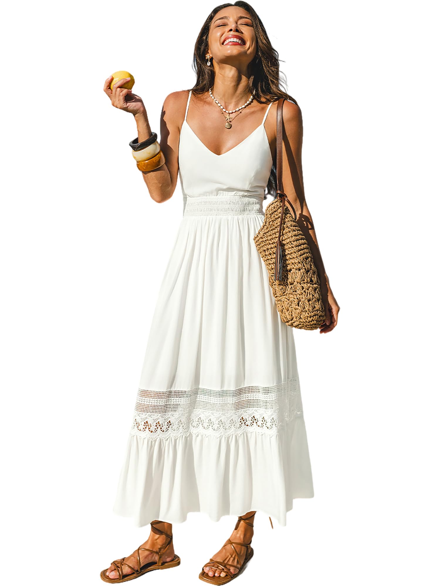 CUPSHE Robe longue d'été sans manches en dentelle à bretelles spaghetti pour femme