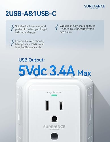 Miniatura 6 de Toma de pared multienchufe, extensor de 6 salidas con luz nocturna, 3 puertos USB, regleta de alimentación de 3 lados con adaptador espaciado,