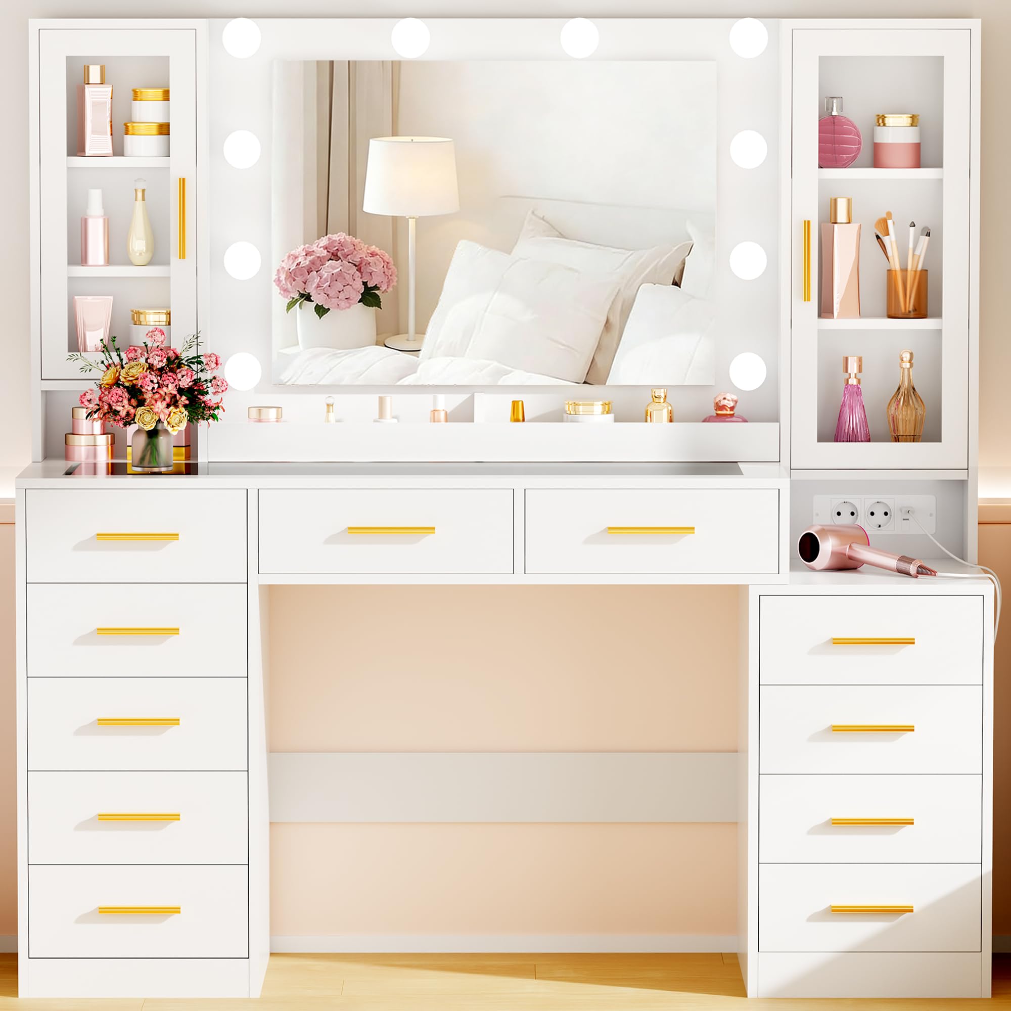 ANWBROAD 135cm Coiffeuse Moderne avec Miroir LED, Table de Maquillage avec Plateau en Verre et Prises Luminosité Réglable, Grande Blanche Coiffeuse avec 11 Tiroirs 6 Étagères pour Chambre Femme BDT23W