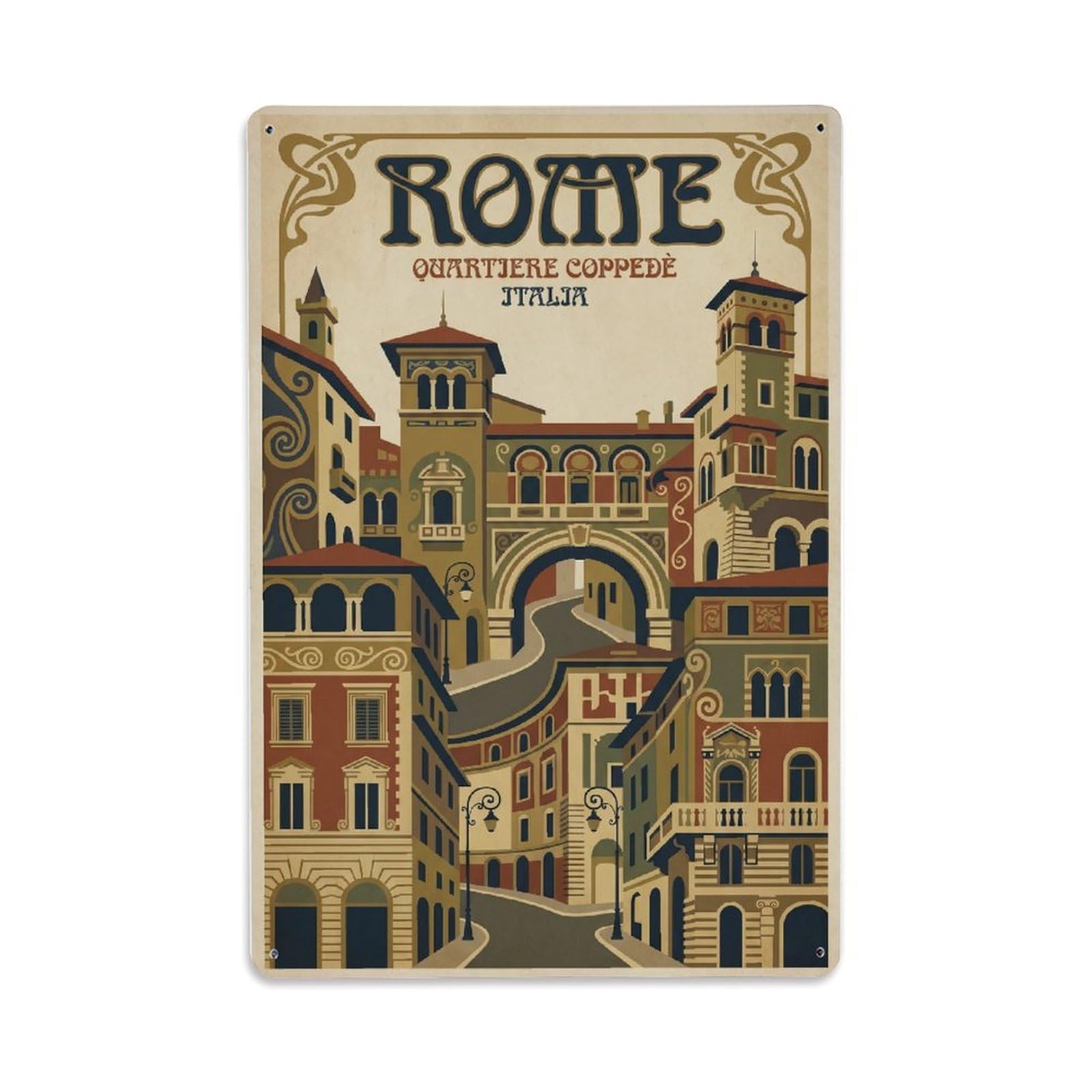 Vintage Travel Rome Quartiere Coppede Art Nouveau Architecture Italy Metal Tin Sign Plaque Wall Decor for Cafe, Club Bar, Office, Home Garden Metal Poster 8x12Inch