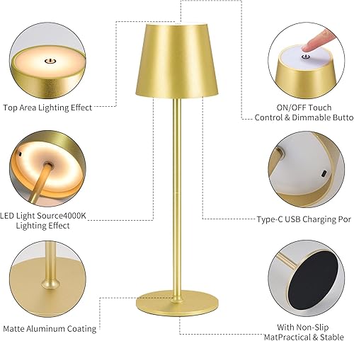 Miniatura 3 de Lámparas de mesa inalámbricas recargables por USB, lámpara de escritorio de simplicidad integrada con batería LED de 4600 mAh, con control táctil,
