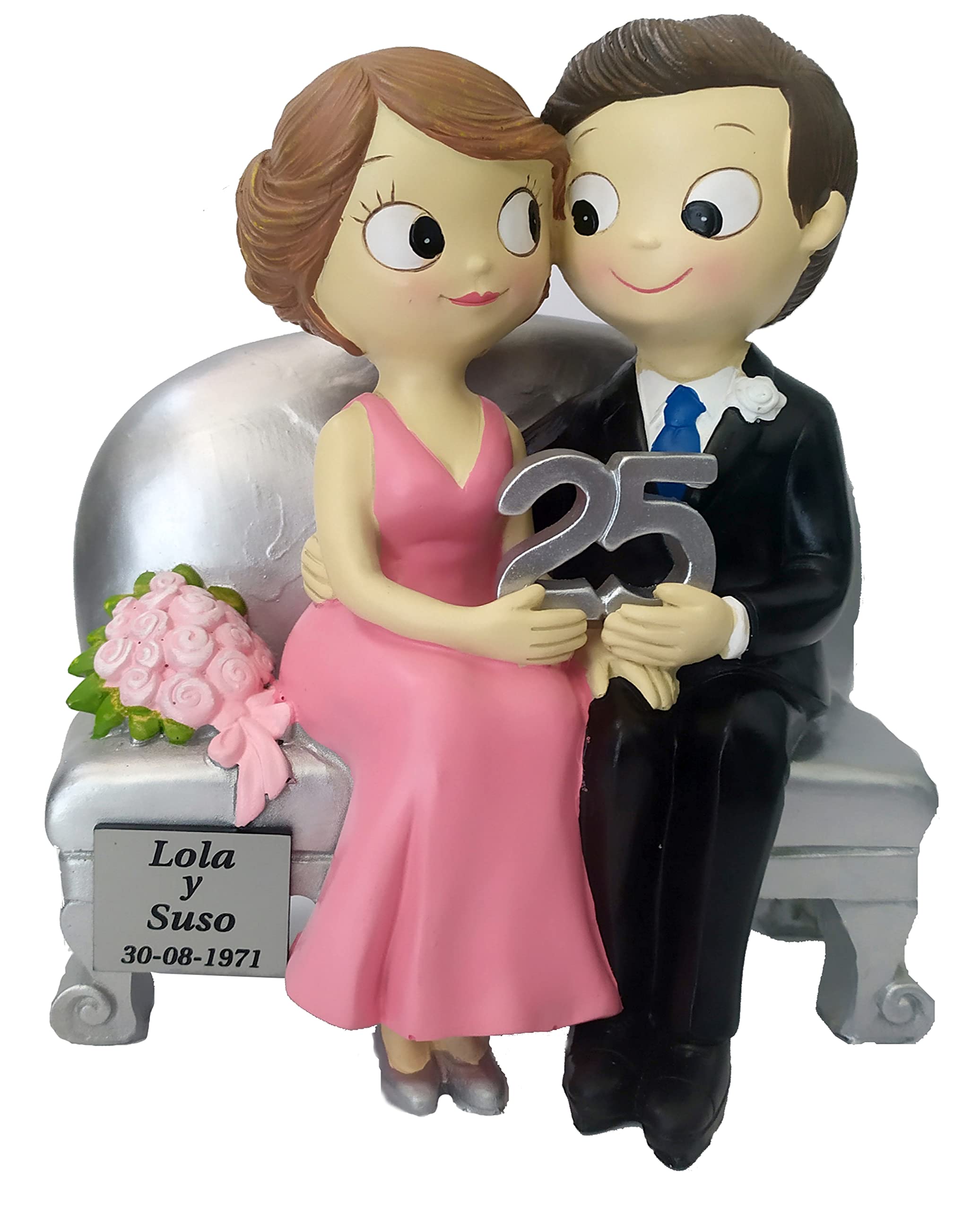 Figura de Pastel Pop&Fun Bodas de Plata (25 aniversario) PERSONALIZADA con PLACA con el nombre y la fecha, medida aproximada: 14x15 cm