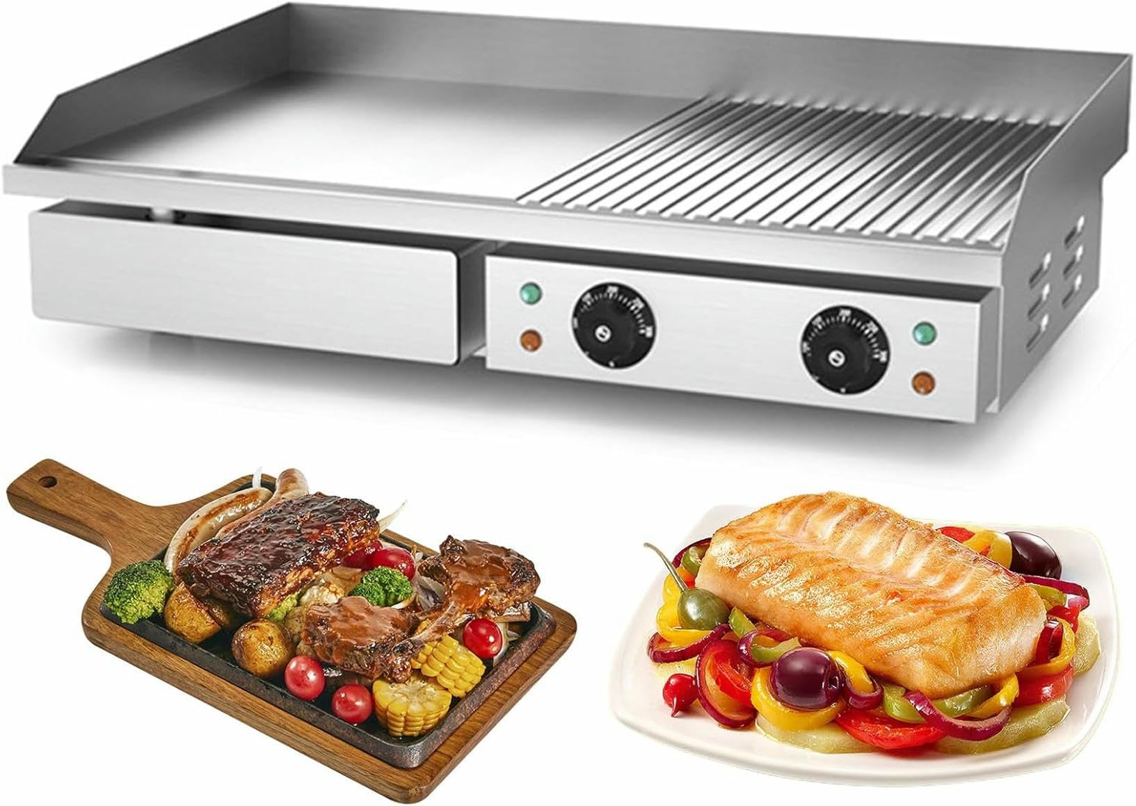 FHRKA 28.7" Commercial Electric Griddle, 4400W Electric Countertop Flat Top Griddle Half Grooved/Flat