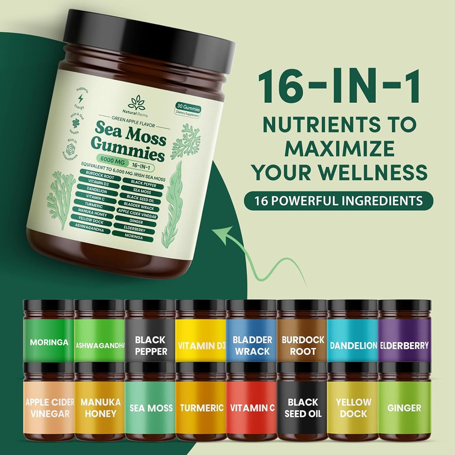 Natural Rems Sea Moss Gummies 16-in-1 - Ashwagandha Black Seed Oil Bladder Wrack Turmeric Vitamin C & D3 with Manuka Burdock Root Dandelion Yellow Dock Elderberry Apple Cider Vinegar (Green Apple) — Amazon image 2