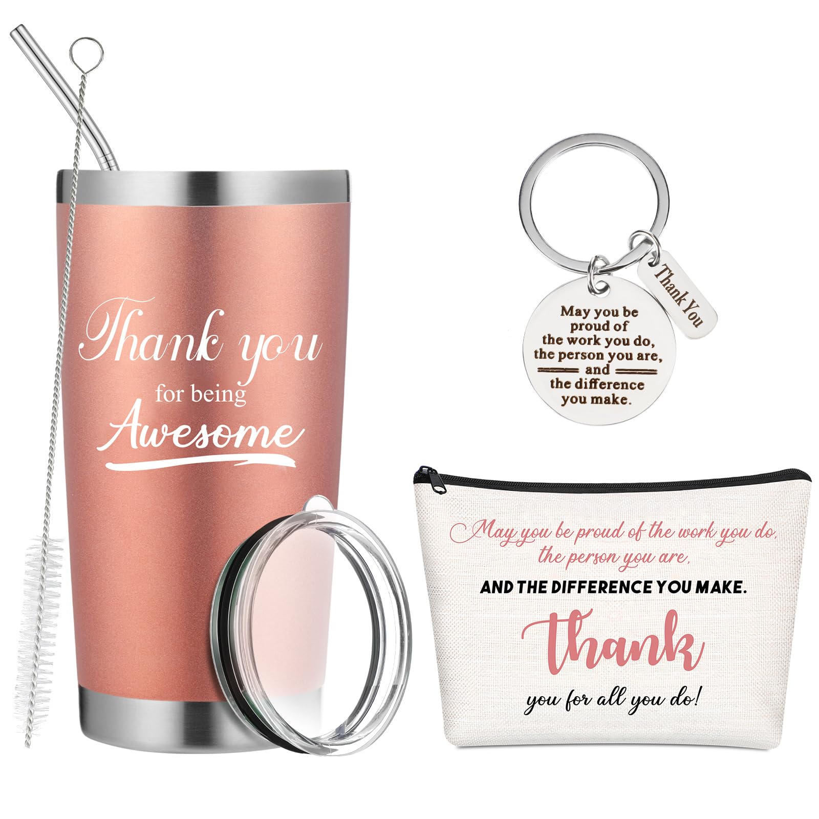 Eaasty Employee Appreciation Gifts Bulk Thank You For Being Awesome Travel Tumbler 20 oz with Lid Straw Funny Appreciation Gift Makeup Bag Keychain for Employee Volunteer Coworker(Rose Gold, 12 Pcs)