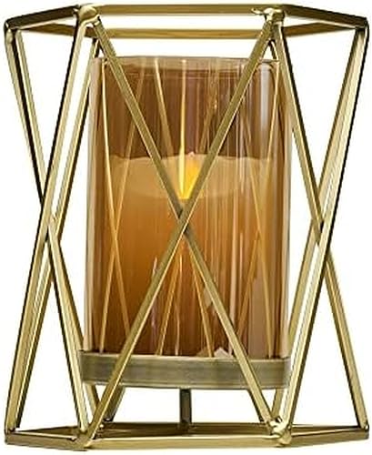 Elements Portavelas hexagonal de alambre dorado de metal de 6.89 x 5.91 x 8.07 pulgadas, cilindro de vidrio ámbar, para uso con soporte de pilar, Elements Portavelas hexagonal de alambre dorado de metal de 6.89 x 5.91 x 8.07 pulgadas, cilindro de vidrio ámbar, para uso con soporte de pilar,