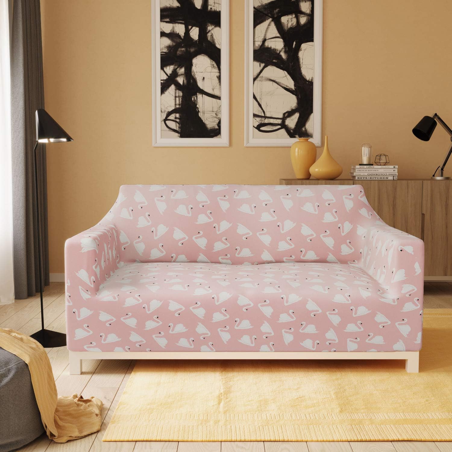 Lunarable Pale Pink Furniture Slipcover, Swans in a Lake Inhabitants on a Pastel Tone Backdrop, Stretch Couch Cover Decorative 1 Piece Protector, Loveseat, Pastel Pink White