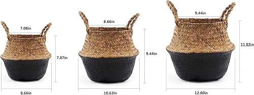 Miniatura 2 de Cesta tejida de hierba marina para almacenamiento, lavandería, picnic, cubierta de maceta y almacenamiento de comestibles y juguetes (negro, grande)