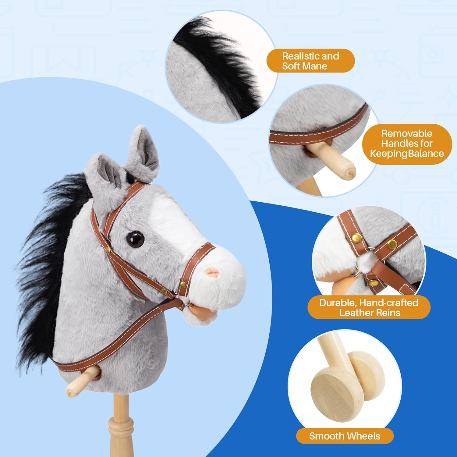 HollyHOME Stick Horse Plush Handcrafted Hobby Horse on a Stick with Wood Wheels Real Pony Neighing and Galloping Sounds for Kids Toddlers Grey 36 Inches(AA Batteries Required)