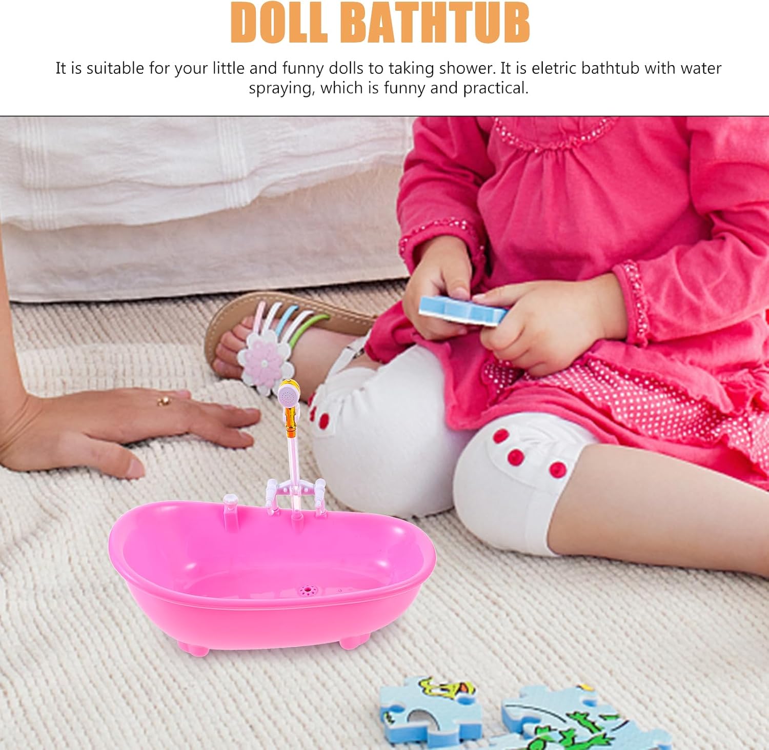 BESTonZON Mini Baby Doll Bathtub with Electric Water Jet Sprayer Battery Operated Toy Bath Tub for Dollhouse Accessories Kids Pretend Play 8.77X4.52X6.88 Inches