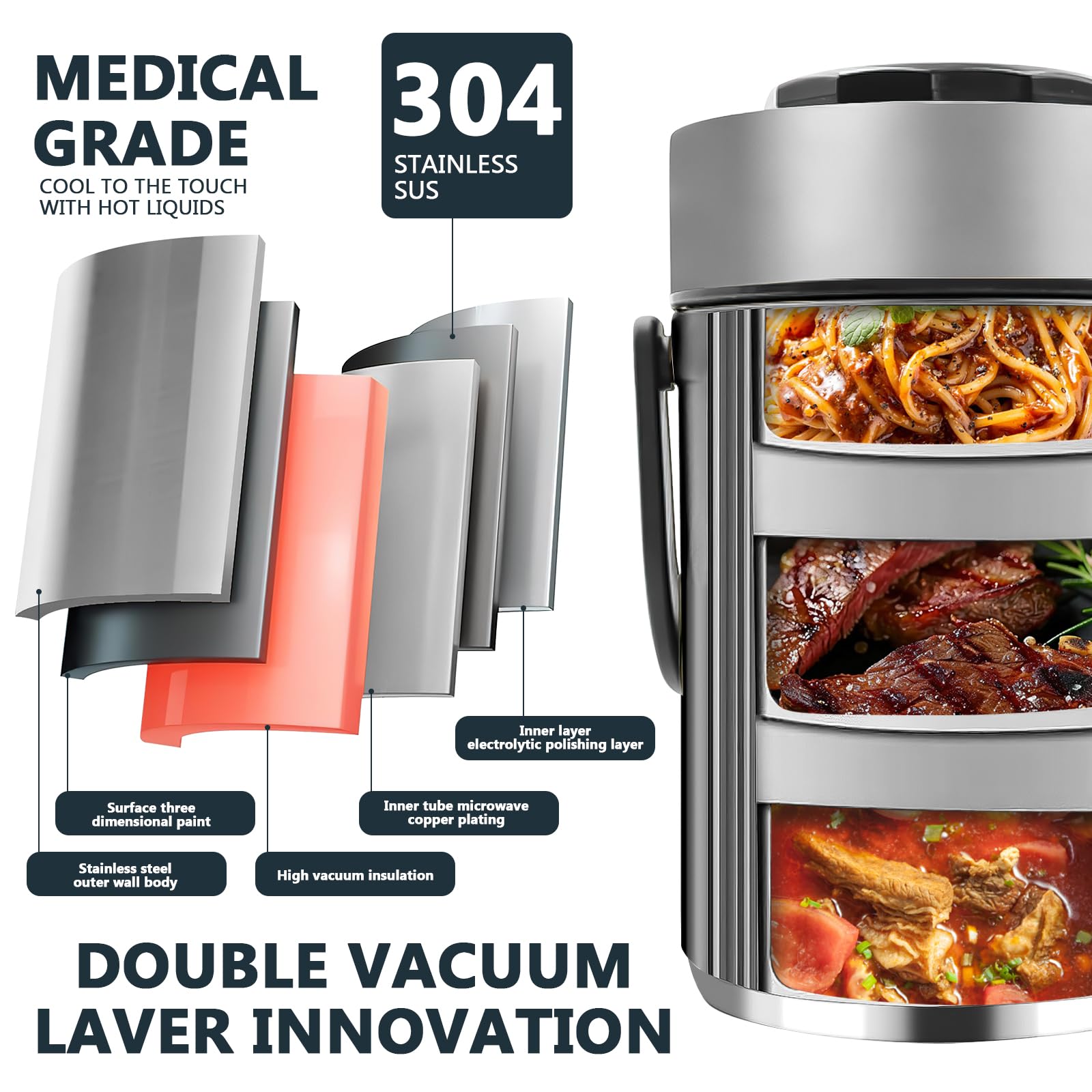 Thermobehälter Essen 2L/67oz Edelstahl Warmhaltebehälter 3-lagige Isolierbehälter für Speisen, Auslaufsicherer Speisewärmer mit Tragetasche für Erwachsene & Unterwegs, Silber