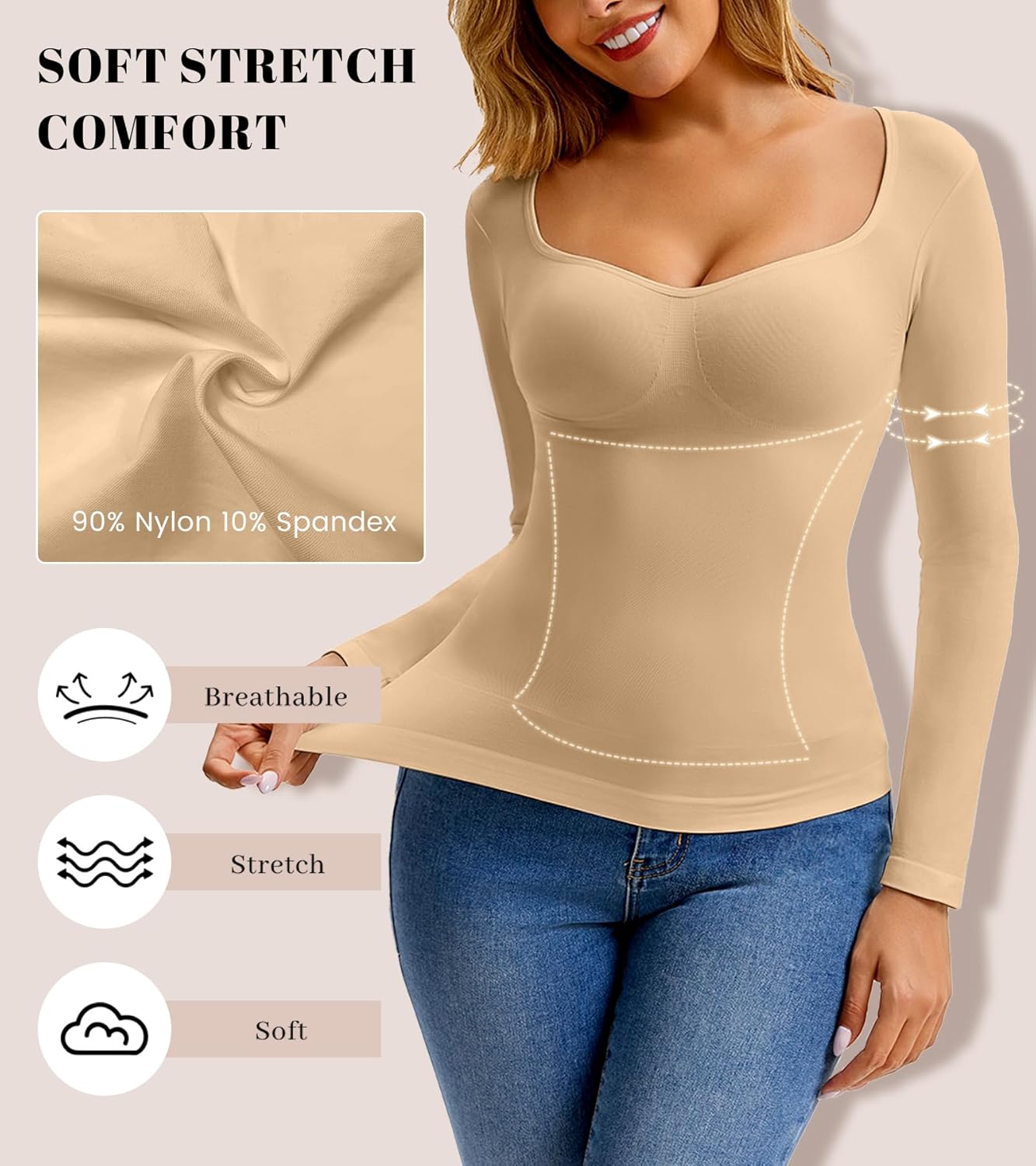 Tummy Control Shaperwear Tank Top for Women Long Sleeve Square V Neck Shirts Compression Tops Slimming Body Shaper - Image 5