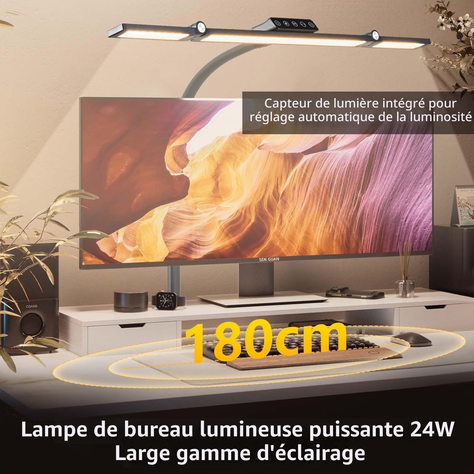 Lampe de bureau LED dimmable,24W led lumiere puissante à pince avec télécommande,lampe ultra-lumineuse à lumière du jour,5 couleurs et 5 niveaux de luminosité,lampe de bureau à col de cygne noire