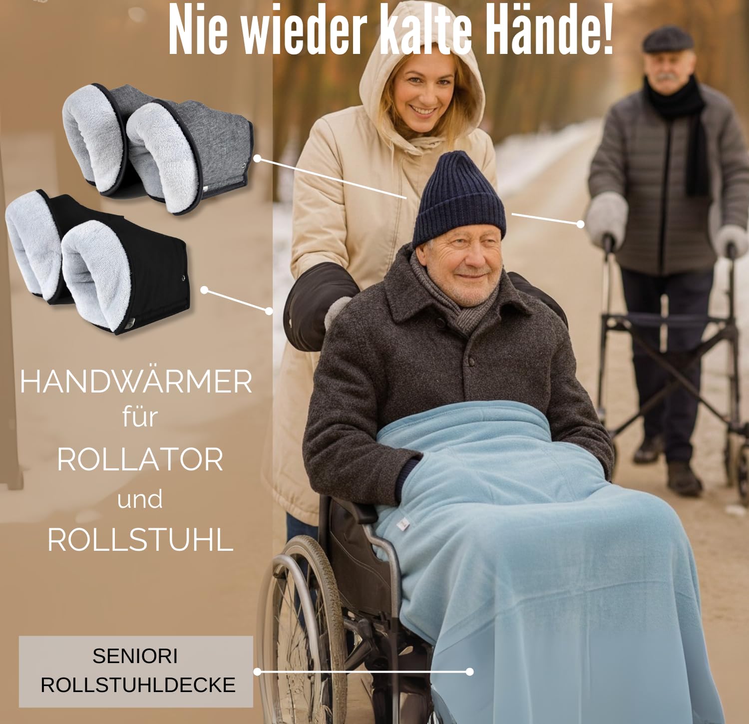 SENIORI Rollator/Rollstuhl HANDWÄRMER Muff Handmuff Handschuhe für Gehhilfe mit warme Fleece (2 Stück) Gehwagen Zubehör (A