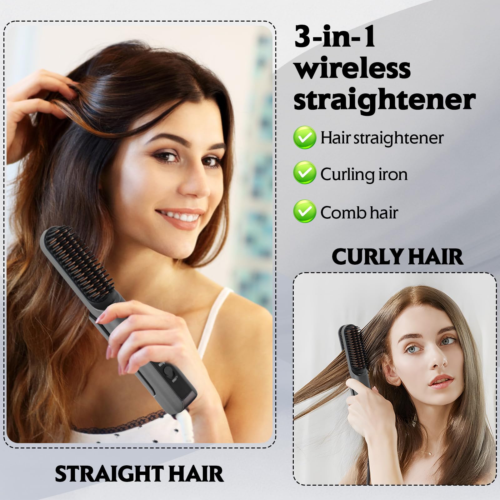 Scettar Spazzola lisciante per capelli senza fili, 2 in 1, ricaricabile, portatile, con 5000 mAh, ideale per viaggi, ferro da stiro e spazzola combinata per uno styling liscio e senza crespo (nero)