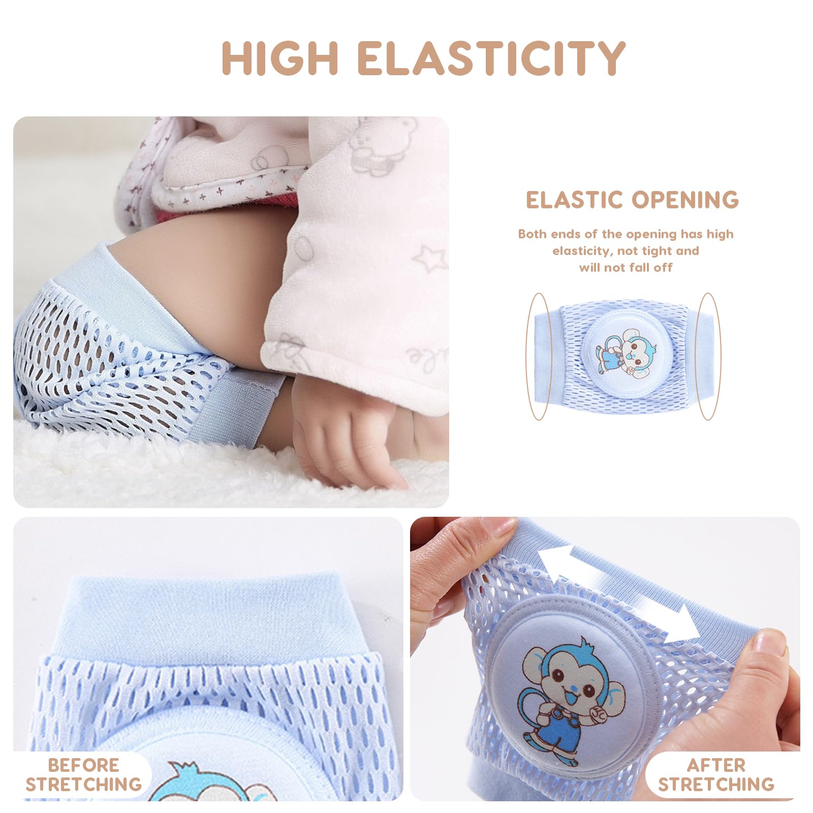 SONARIN 4 Paia Ginocchiere per Gattonare Bambini,Estive Ginocchiere per Bambini Traspiranti Ginocchiere Neonato Elastiche Scaldamuscoli Morbide Confortevole per Bambini Bambine