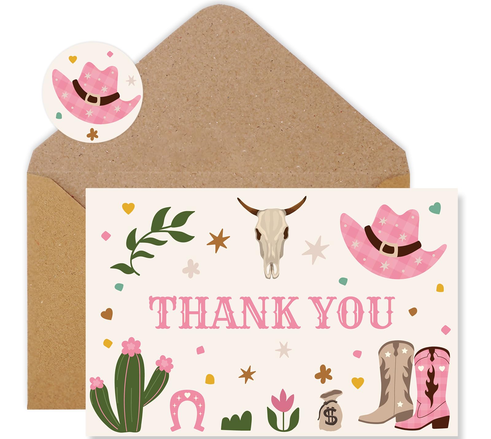 Whaline 24 Pack Little Cowgirl Thank You Cards with Envelopes and Stickers Pink Cowgirl Hat Boots Cactus Greeting Cards Baby Shower Blank Note Cards