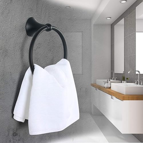Miniatura 2 de HouseAid Toallero de acero inoxidable para baño, soporte para toallas de mano, moderno círculo, toallero redondo montado en la pared, negro mate