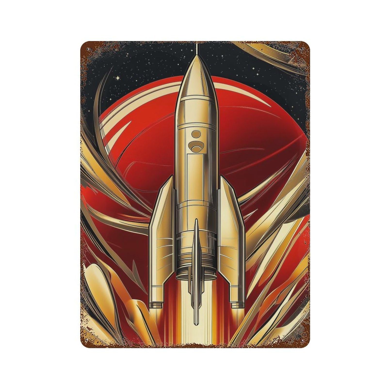 Golden Rocket Launch Rust Effect Tin Sign 15.7"x11.8", Retro Wall Decor for Pub, Kitchen And Man Cave Decor
