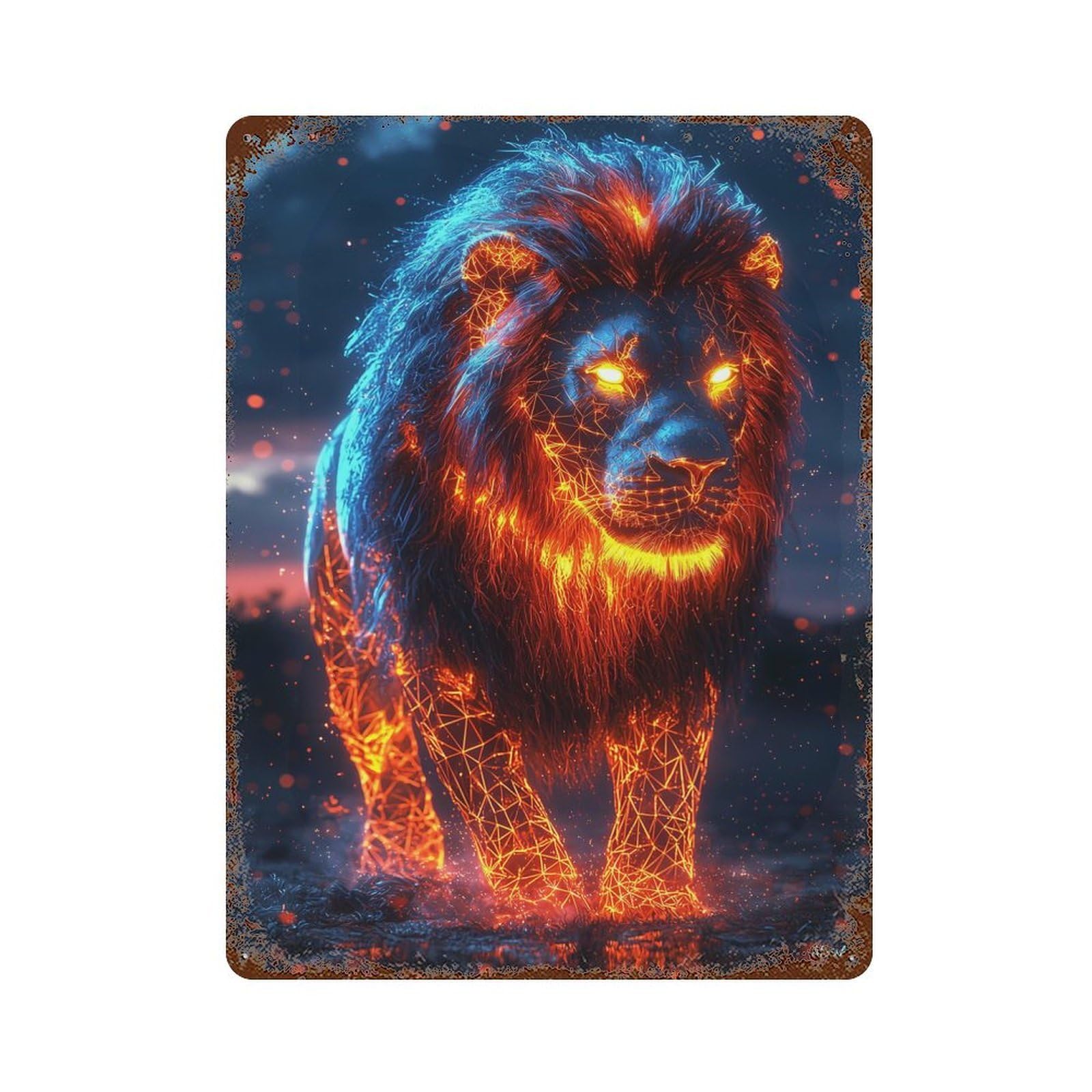 Distressed Metal Wall Sign Neon Lion - Futuristic Glowing Digital Animal Art 15.7"x11.8", Vintage Wall Decor for Cafe, Home Bar And Lounge Decor