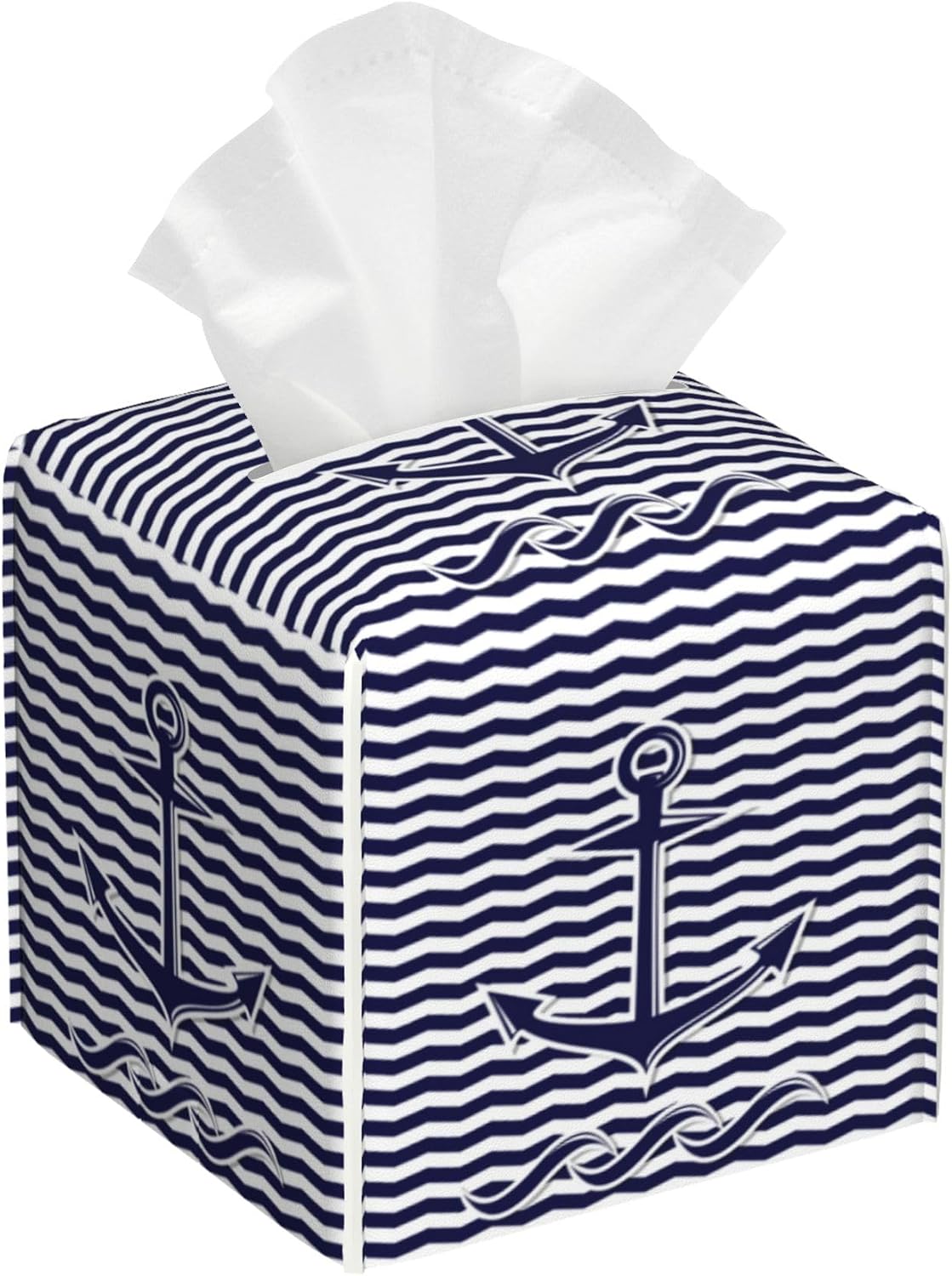Square Tissue Box Cover Nautical Anchor on Blue and White Stripes Tissue Box Holder Facial Cube Paper Dispenser Leather Decorative Organizer Home Office Desk Decor, 5.2"x5.2"x5.2"