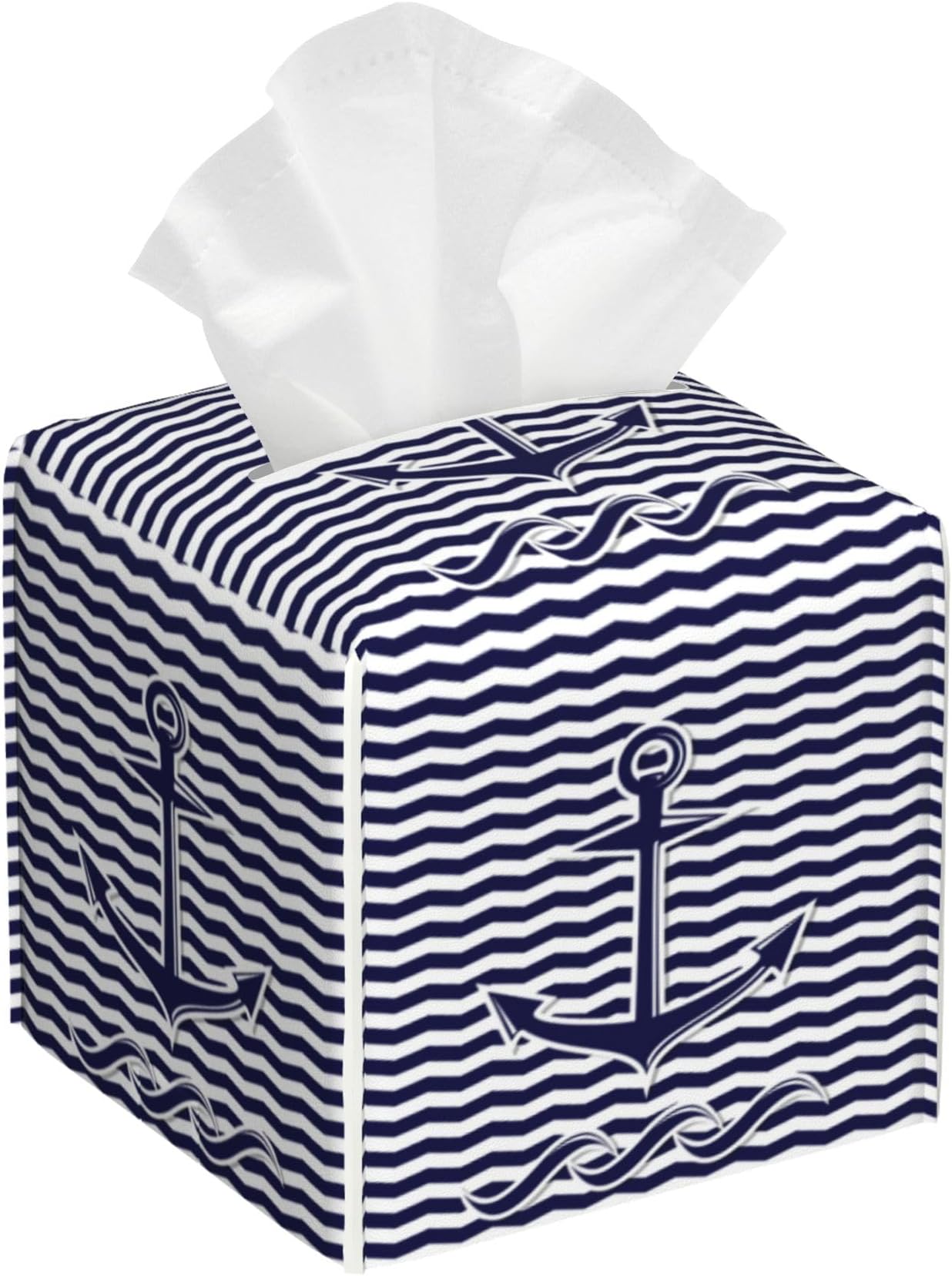- Square Tissue Box Cover Nautical Anchor on Blue and White Stripes Tissue Box Holder Facial Cube Paper Dispenser Leather Decorative Organizer Home Office Desk Decor, 5.2"x5.2"x5.2"