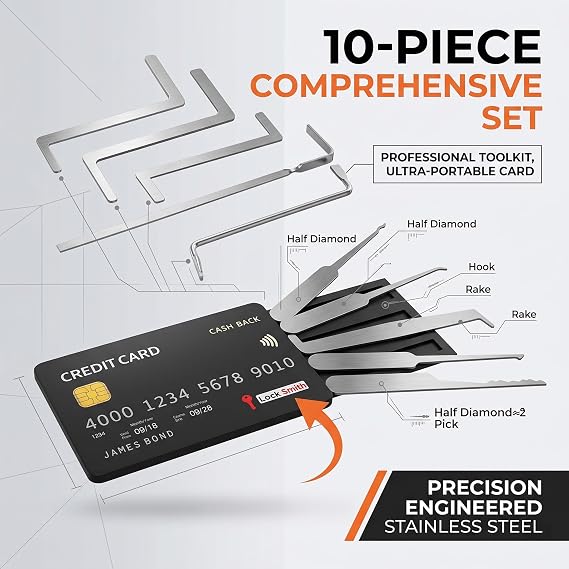Card Style 10 Pieces Lock Pick and Tension Tool Set Slim Stainless Steel Locksmith Tools for Pin Tumbler Lock Training and Maintenance