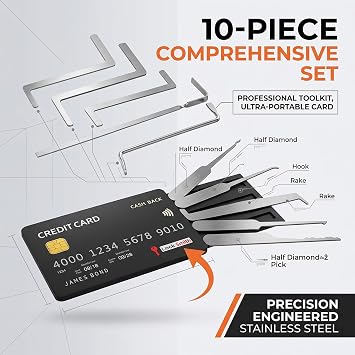 Card Style 10 Pieces Lock Pick and Tension Tool Set Slim Stainless Steel Locksmith Tools for Pin Tumbler Lock Training and Maintenance