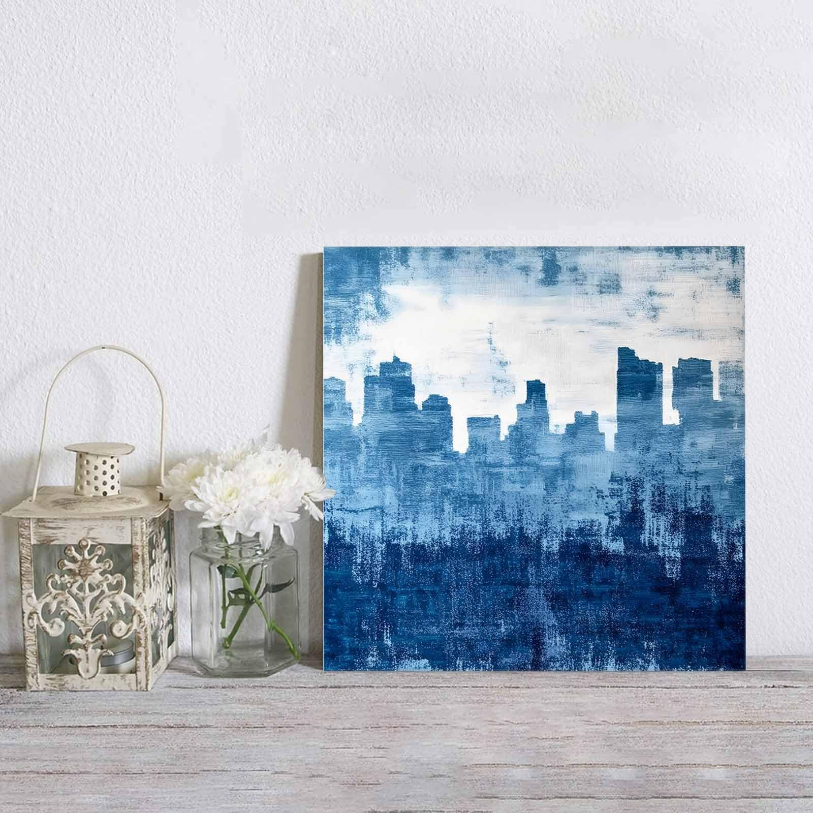 DOME-SPACE Canvas Wall Art Abstract Building Texture Retro Framed Posters Prints,Blue and White Painting Wall Decor for Living Room Bedroom Office Bathroom,12x12 Inch,Ready to Hang Painting