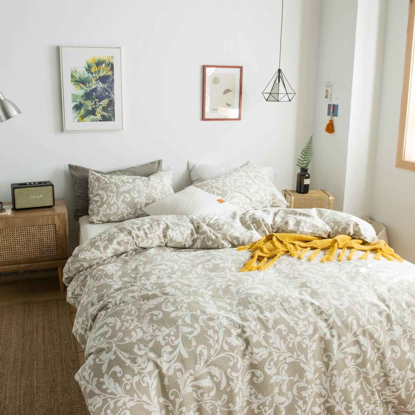 Exсluѕіvе Dіѕсоunt 70% Prісе YuHeGuoJi 3 Pieces Duvet Cover Set 100% Cotton King Size Khaki Paisley Bedding Set Boho Floral Print Duvet Cover with Zipper Ties 2 Pillowcases Hotel Quality Soft Breathable Comfortable Durable