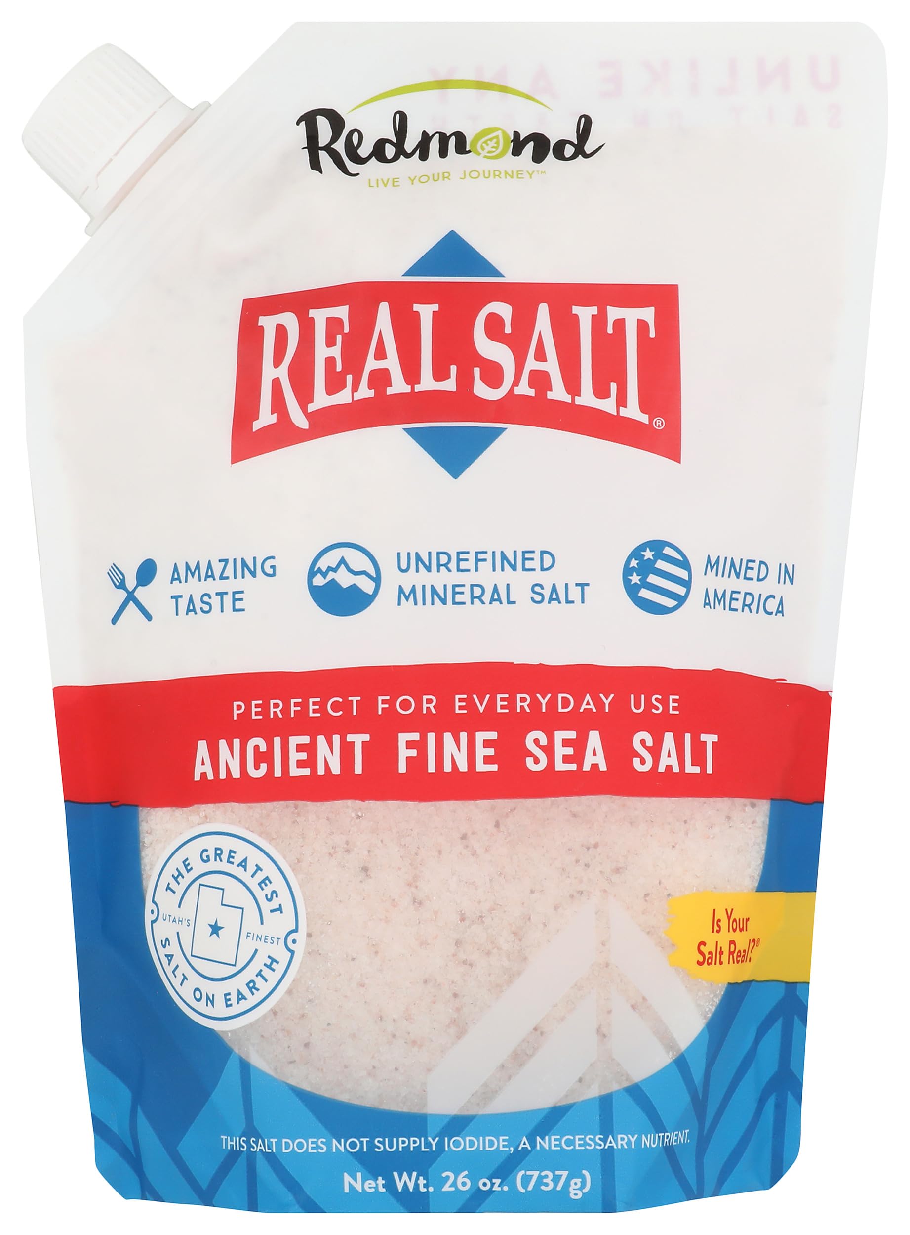 Redmond Real Salt Fine Salt, worek uzupełniający 737 g - czysta, naturalna, oryginalna sól morska z Utah, nieoczyszczona, średnioziarnista, bogata w minerały