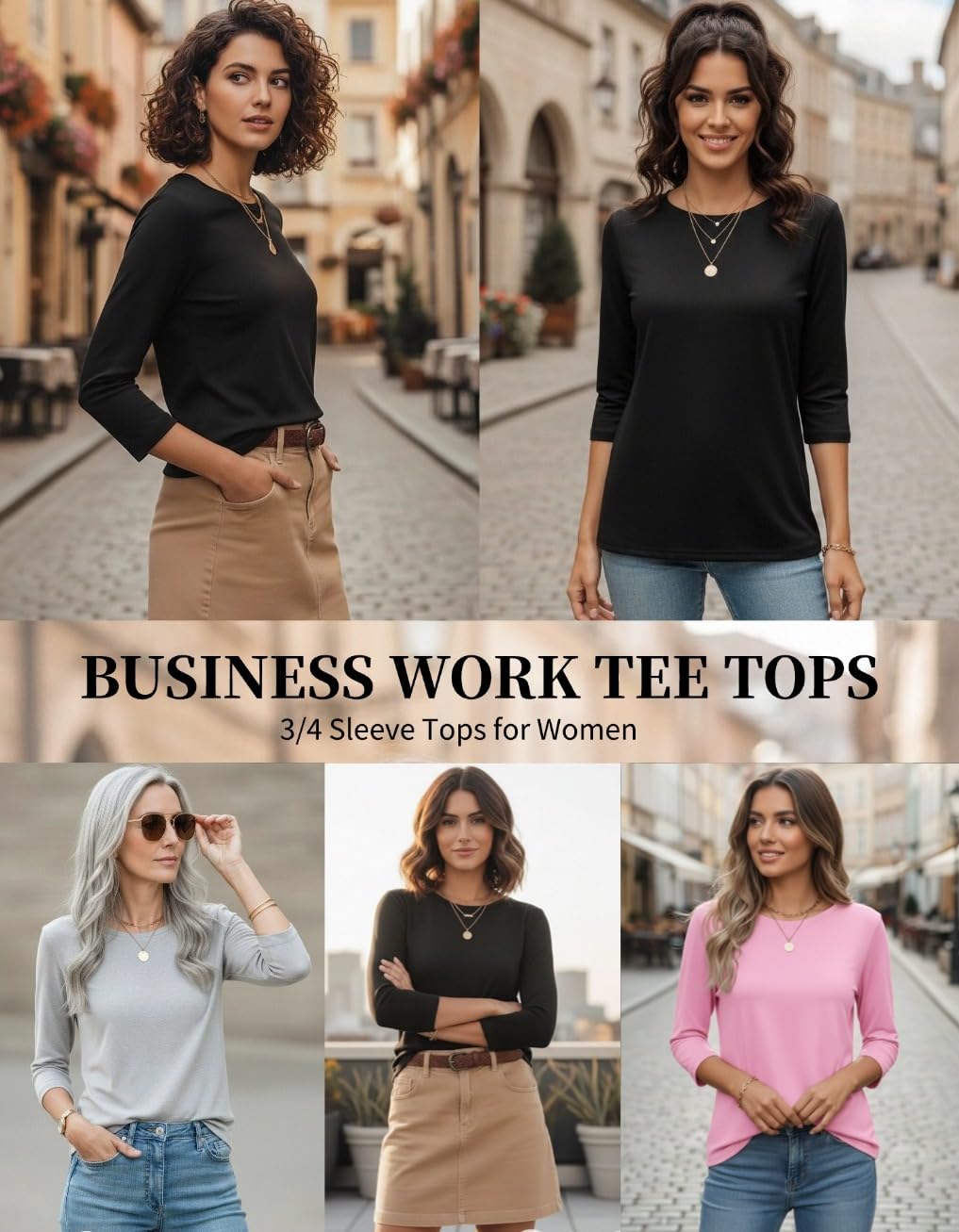 Zeagoo T-shirt décontracté à manches 3/4 pour femme - Col rond - Tunique mignonne - T-shirt basique - Chemisier d'affaires - T-shirt de travail