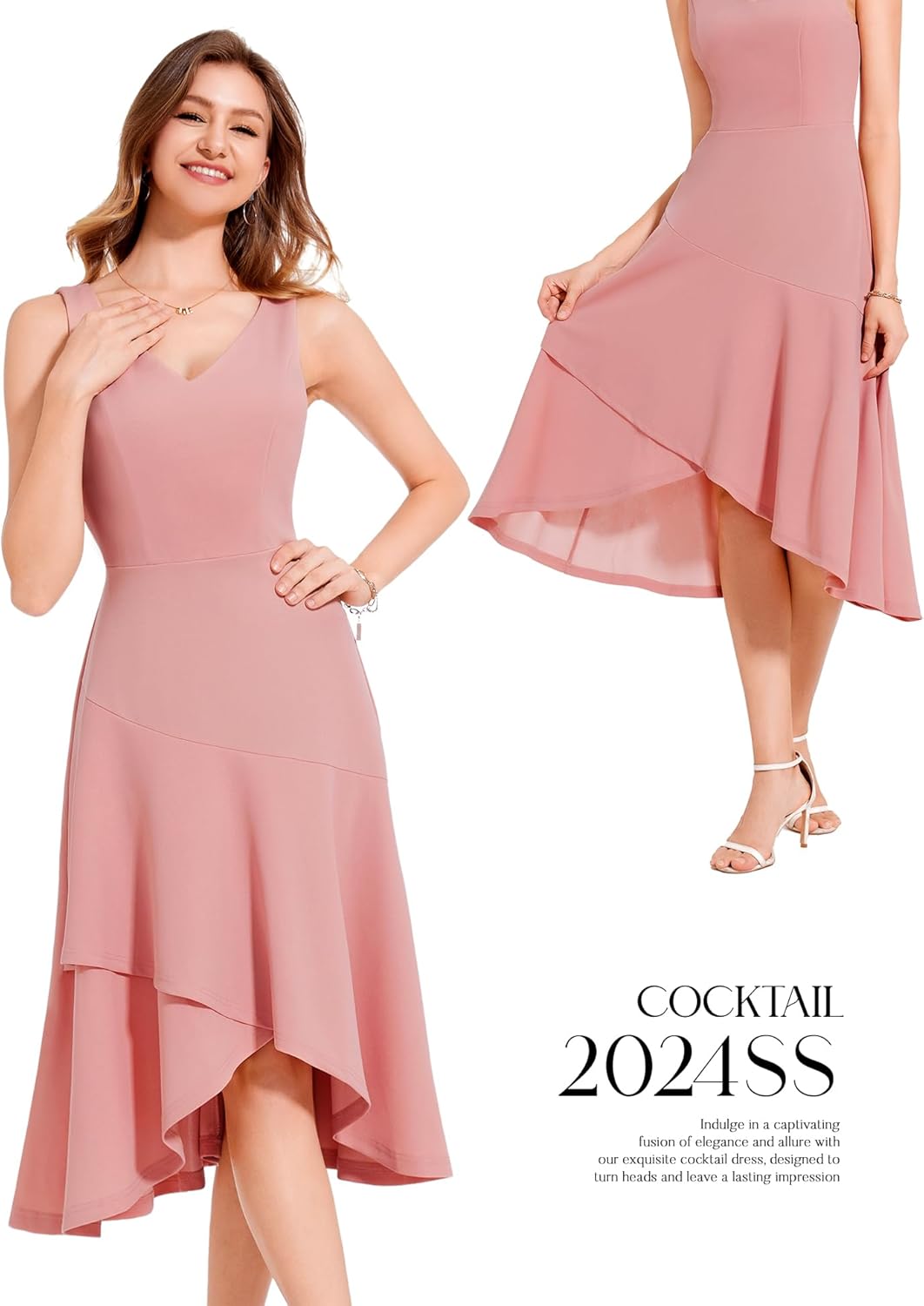 Aupuls Women's High Low Midi Formal Dress V Neck Ruffle Wedding Guest Dresses - Image 2