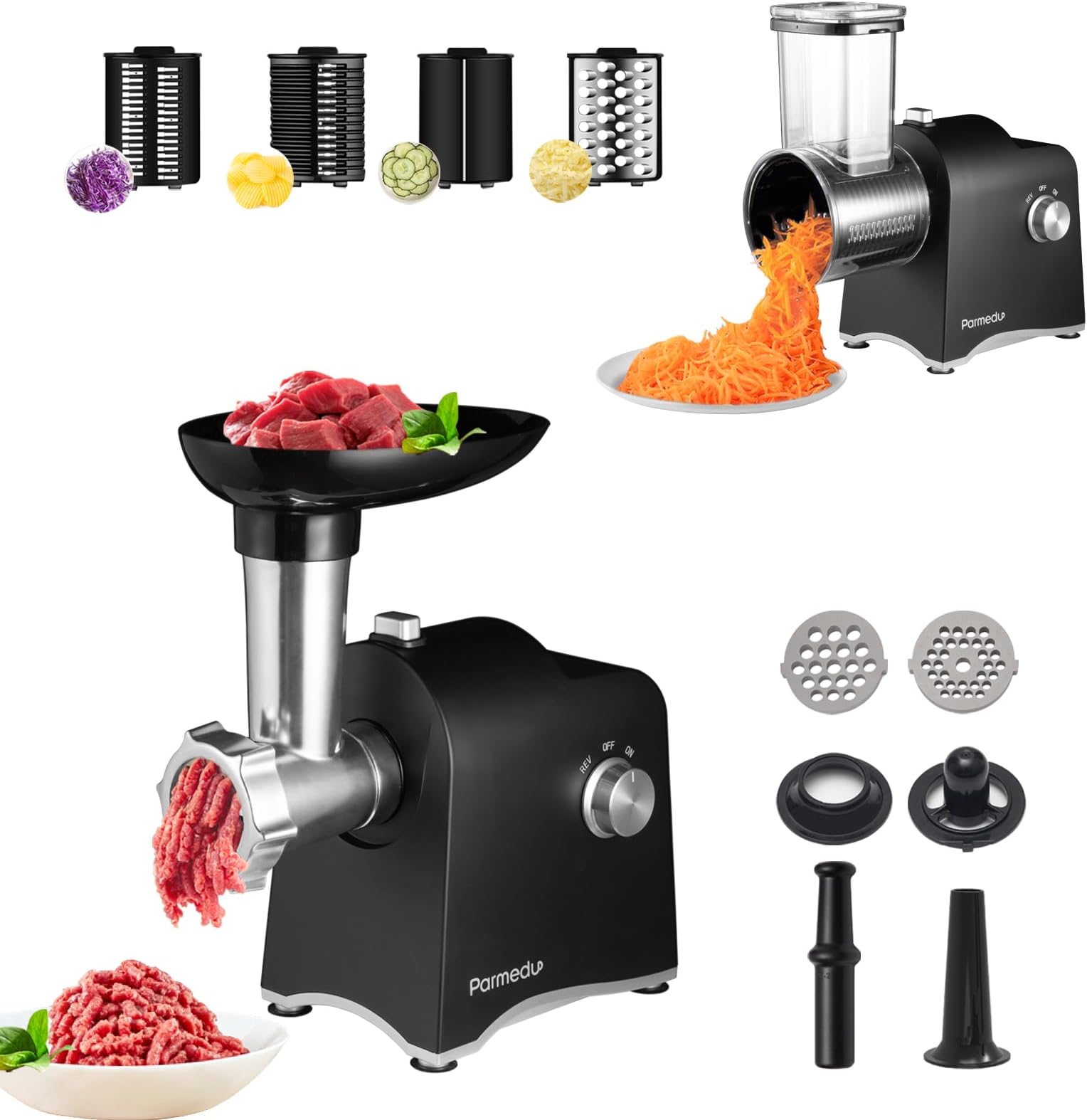 Electric Cheese Grater & Meat Grinder: 2 in 1 Vegetable Cutter Veggie Slicer Vegetable Shredder Chopper Kitchen Grater Salad Maker Meat Mincer Sausage Maker & Kibbeh Kit (Total 11 Attachments)