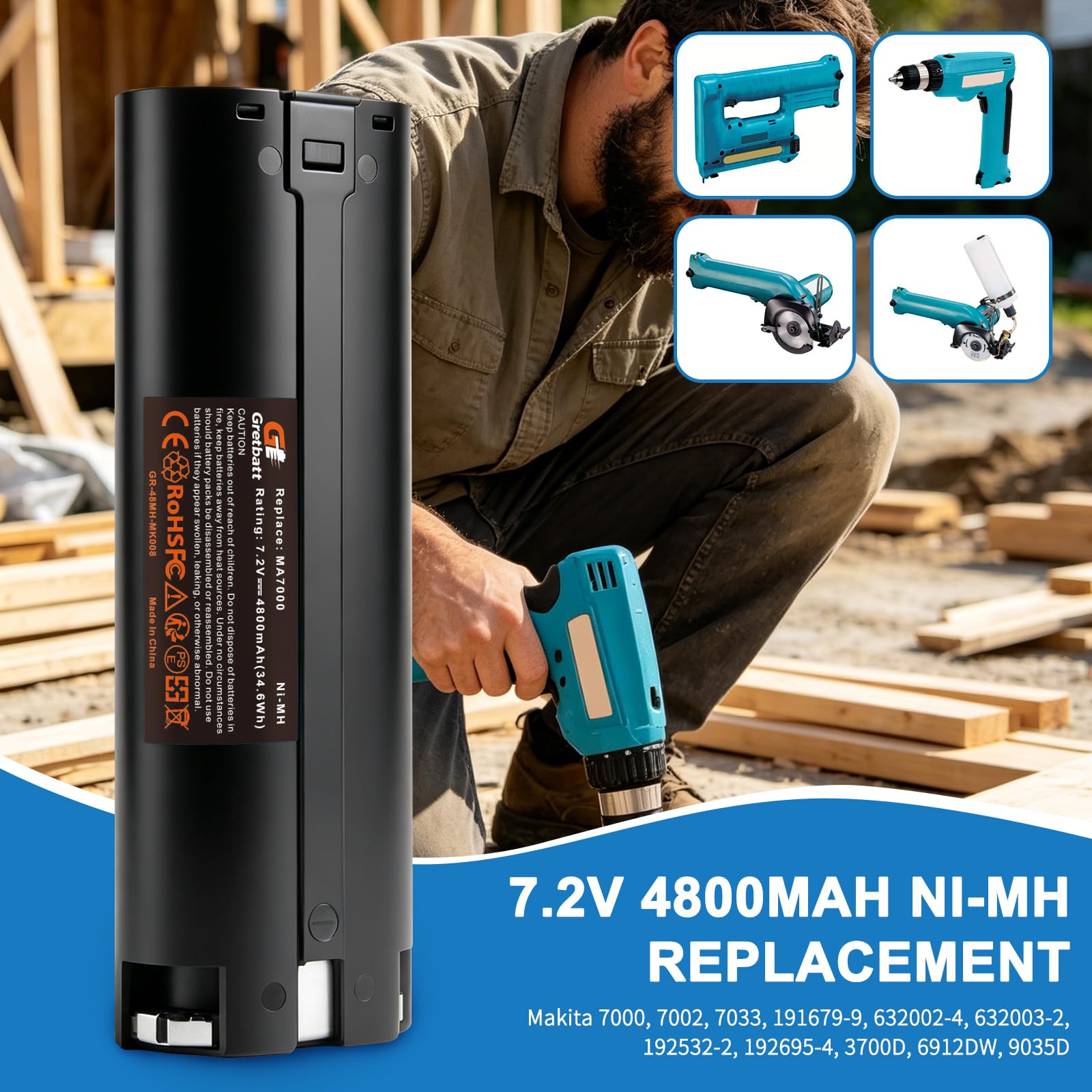 2 pièces 7.2V 4800mAh Ni-MH Batterie Rechargeable pour Makita 7000 7033 7002 6019D 6012D 6018D 6912D 3700D 4071D 6018D 6075D 6172D 191679-9 632002-4 6322002-4 63222002-4 003-2. 192532-2 192695-4