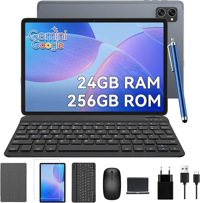 TABWEE T20 Tablet con Teclado - 24GB RAM+ 256GB ROM(2TB TF), Octa-Core, 5000 mAh, 8MP+5MP, Gemini AI, 5G WiFi, GPS, Face ID, Port Jack 3.5mm, Tablet 10 Pulgadas