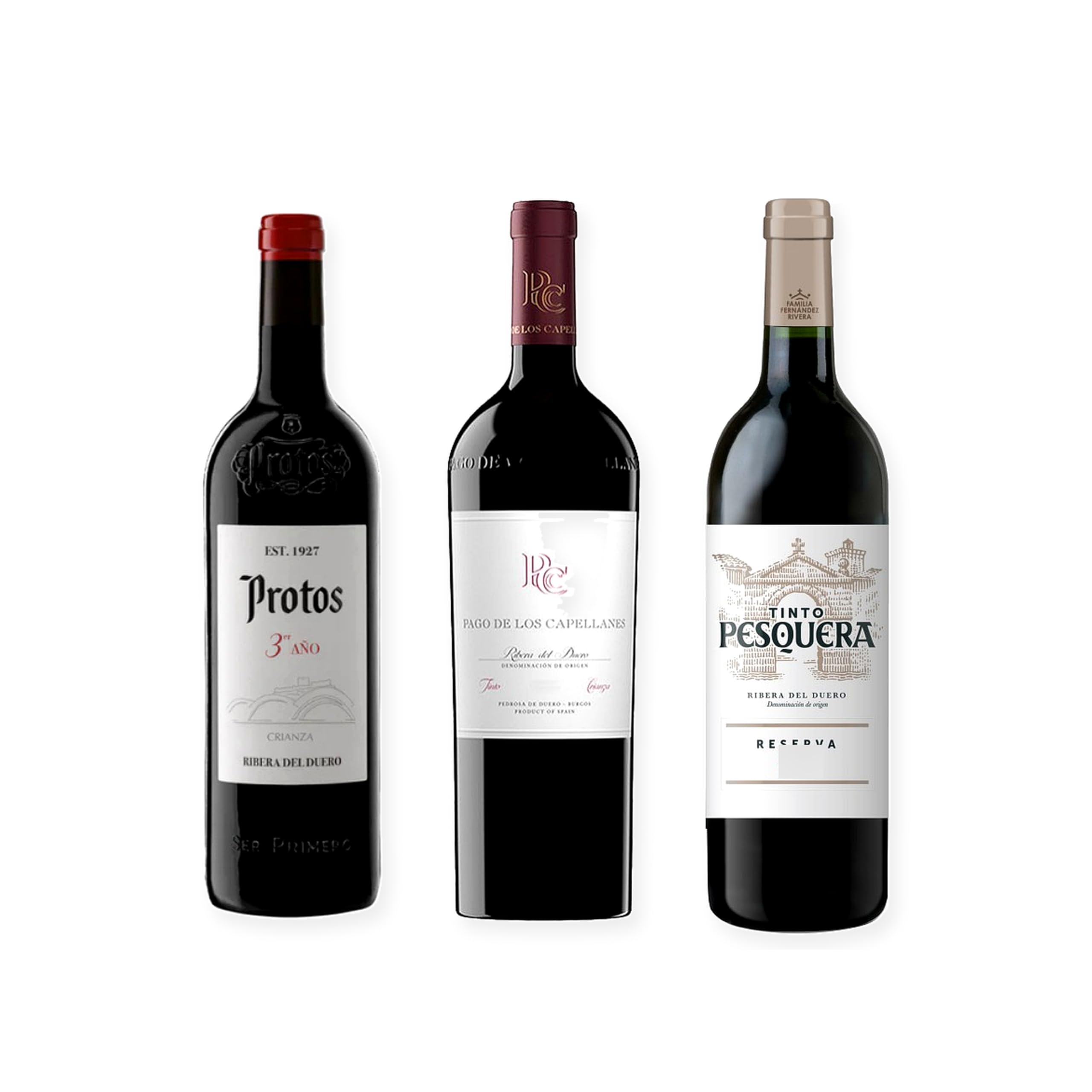 vino tinto Ribera del Duero Protos 3er Año, Pago de los Capellanes Crianza y Pesquera Reserva pack de 3 botellas 75 cl