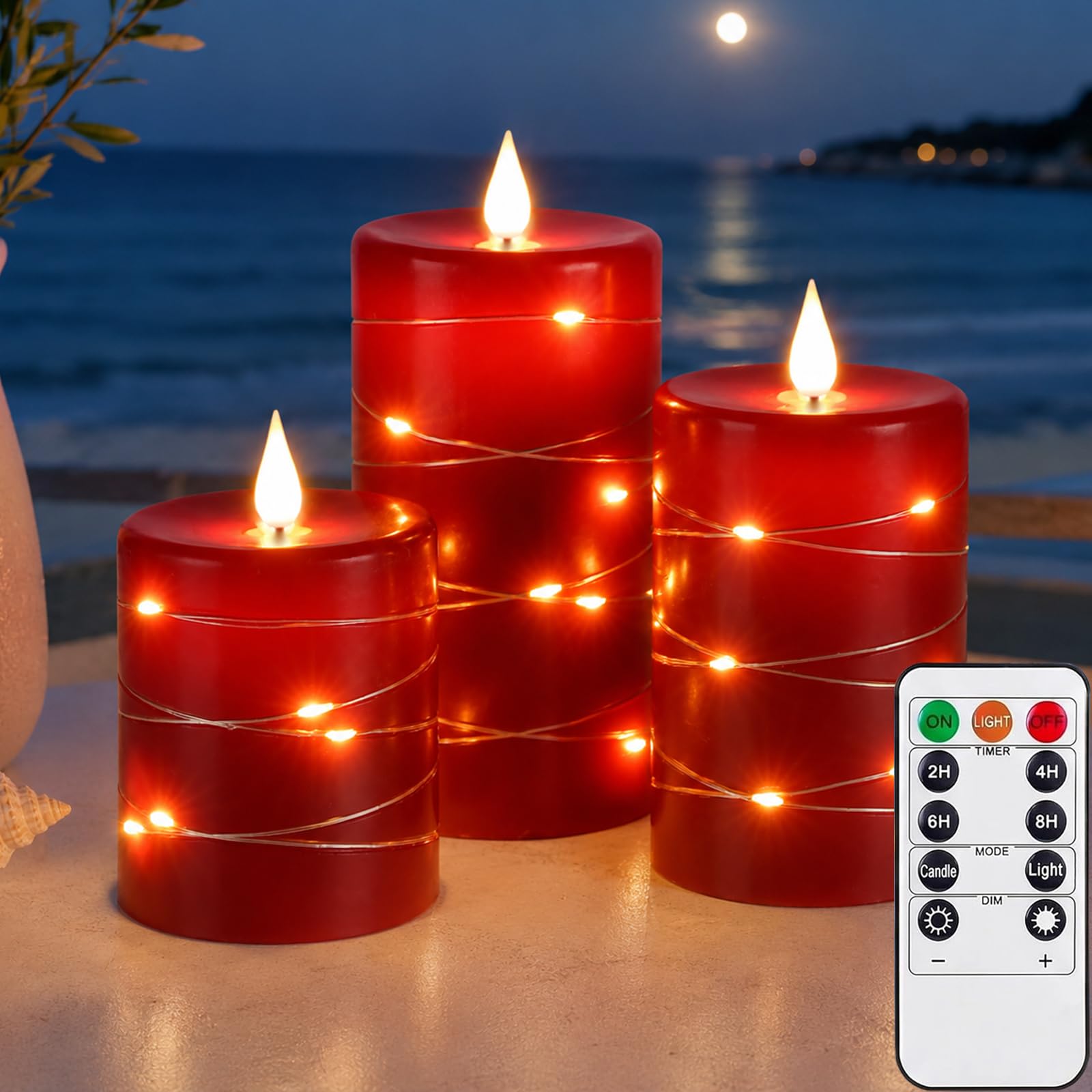 Plmmperation Flameless Candles Light, Set of 3 Flickering LED Candle with Remote & Timer, Dimmable Real Wax Electric Pillar Candles Battery Operated, Candle for Home Wedding Party Holiday Decor (Red)