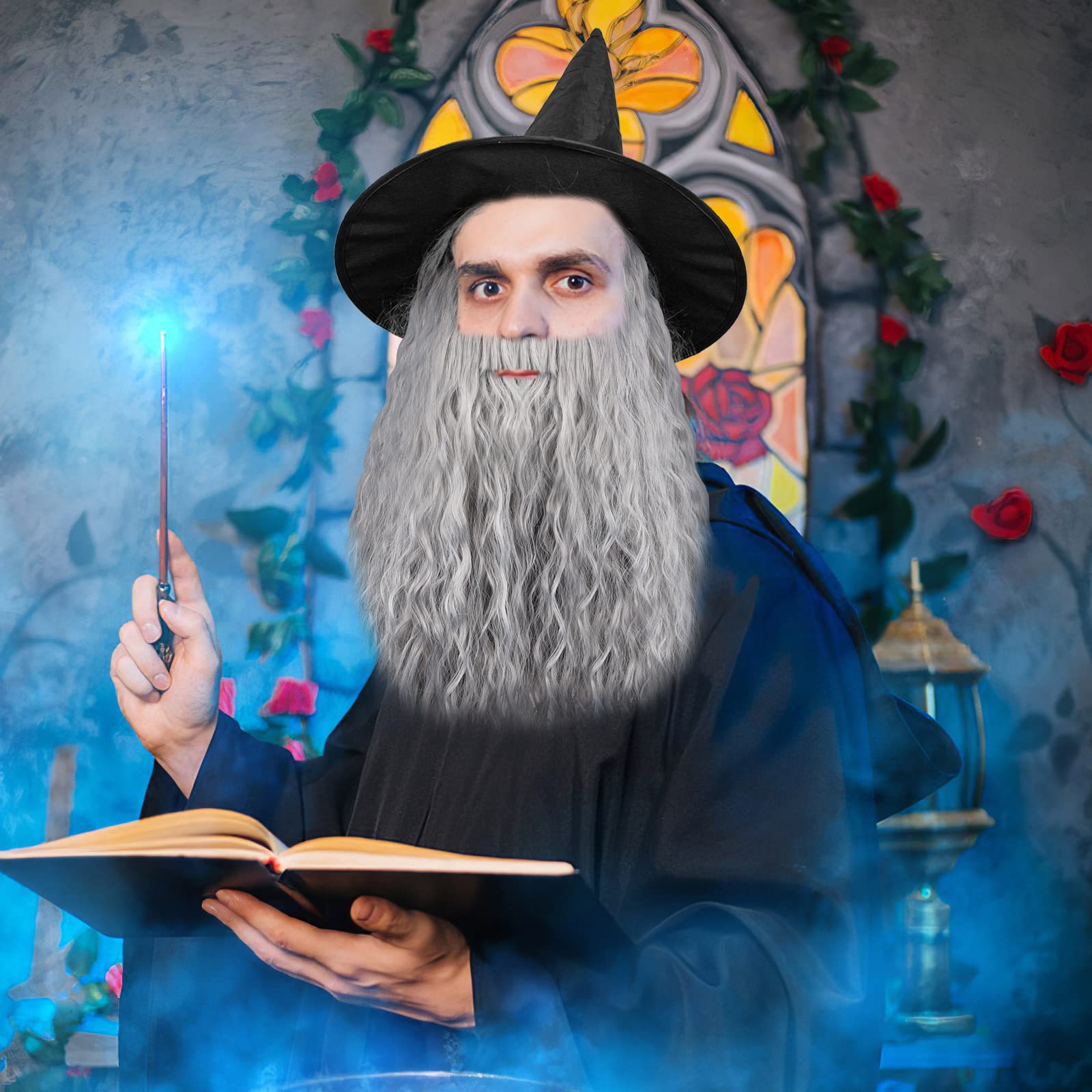 Hperu Wizard Beard Wizard Beard And Wig 1Set Long Grey Magician Wizard Costume Heat Resistant Fiber Costume Wig Santa Halloween Costumes Cosplay Accessory For Adults