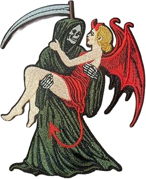 Grim Reaper She Devil Patch | Deaths Embrace Iron On Applique 5x4 Inches | Gothic Dark Romance Occult Horror Skeleton Skull Biker | Embroidered Iron On Applique | 5" x 4" Inches