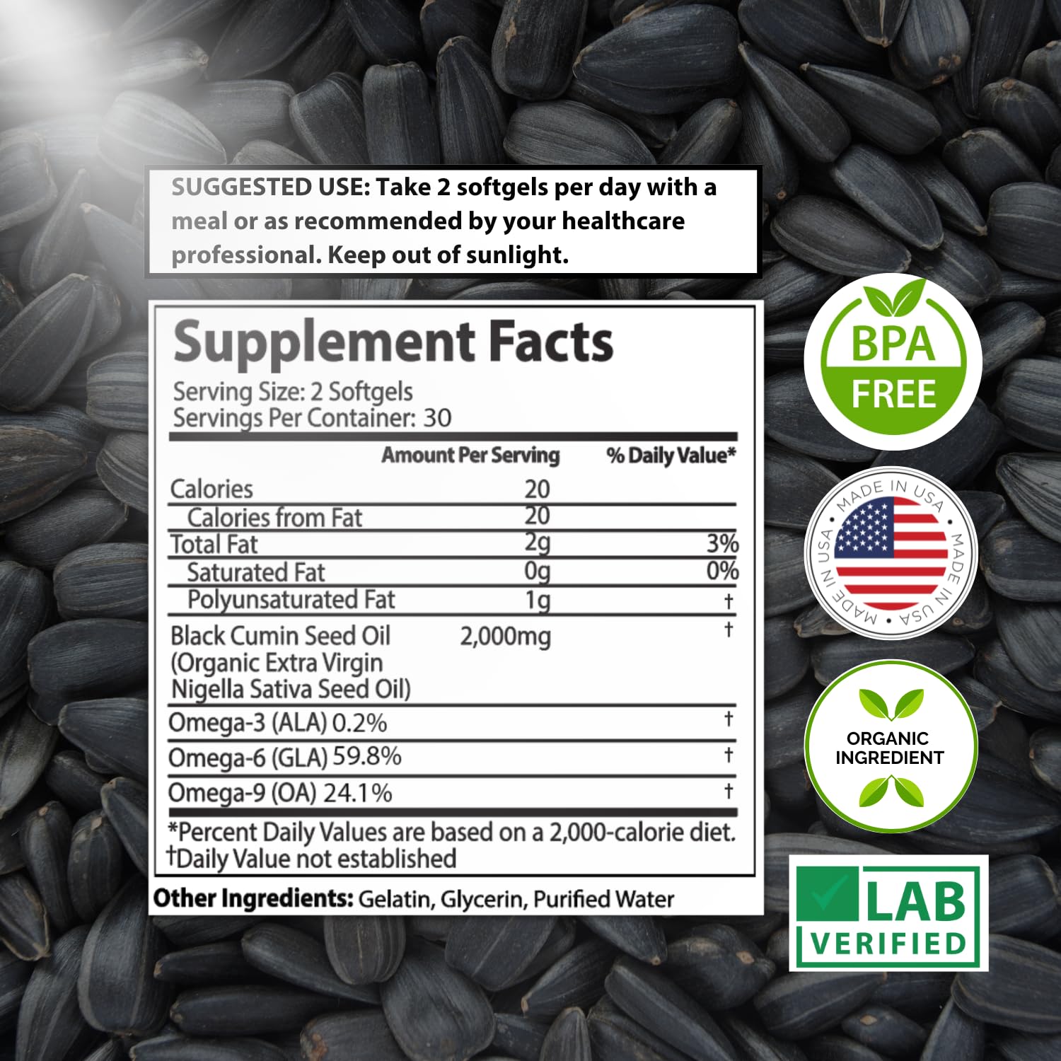 Black Seed Oil Organic Cold Pressed Capsules, 2000mg High TQ, 60 Count — Amazon image 4