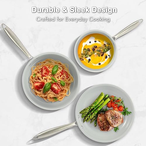 Miniatura 7 de Juego de utensilios de cocina de inducción de 5 piezas con tapas de vidrio templado, ollas y sartenes ultra antiadherentes con mango de acero