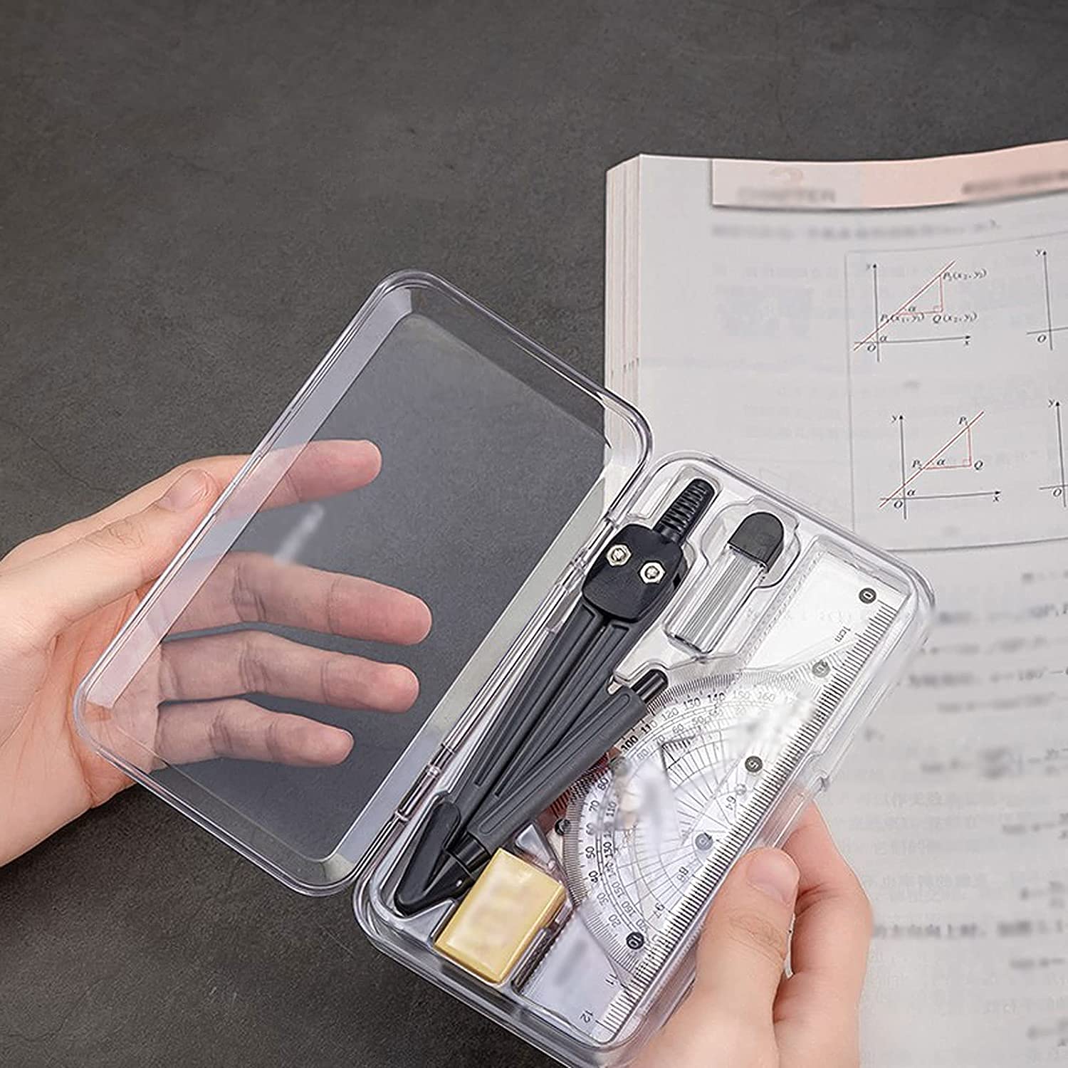 AKAZI Mathematik-Kompass 7-teiliges Geometrie-Set mit Kompass-Winkel, Lineal, Winkelmesser, Bleistift, Radiergummi, Nachfüllmine für Schüler, Kompass für Geometrie