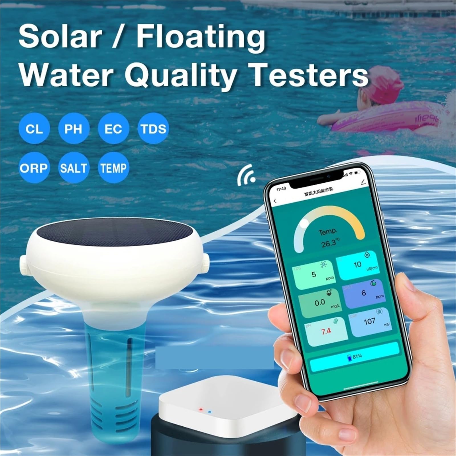 Misuratore di cloro intelligente 7 IN 1 ad energia solare cloro/pH/TDS/EC/ORP/salinità/TEMP Tester for acqua for piscine,Multifunzionale